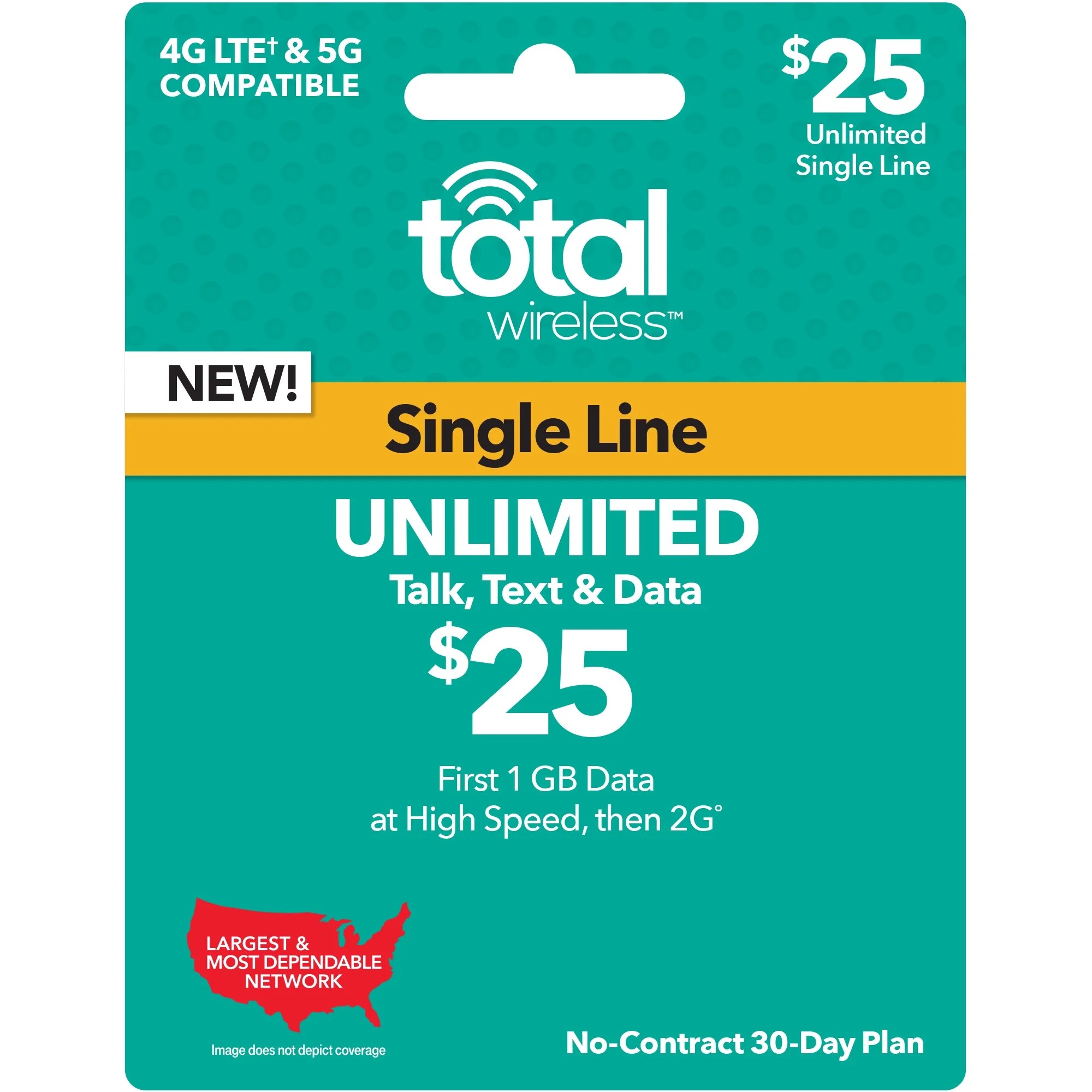 Total Wireless 25 Unlimited Individual 30Day Prepaid Plan (1GB at