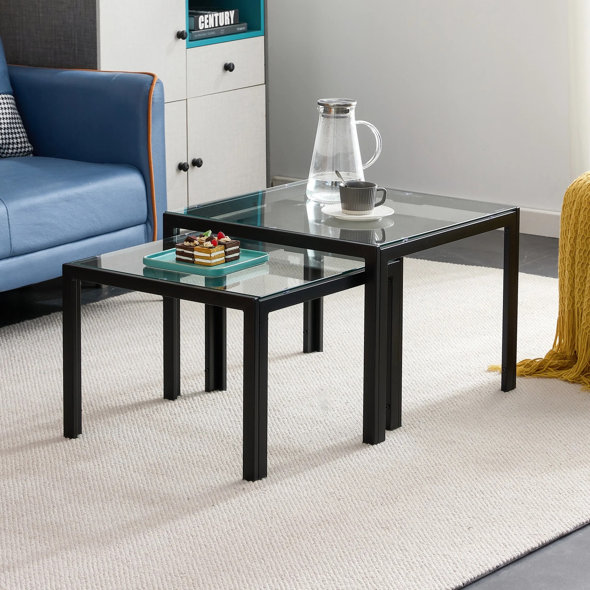 LANTRO JS Nesting Coffee Table Set of 2, Square Modern Stacking Table