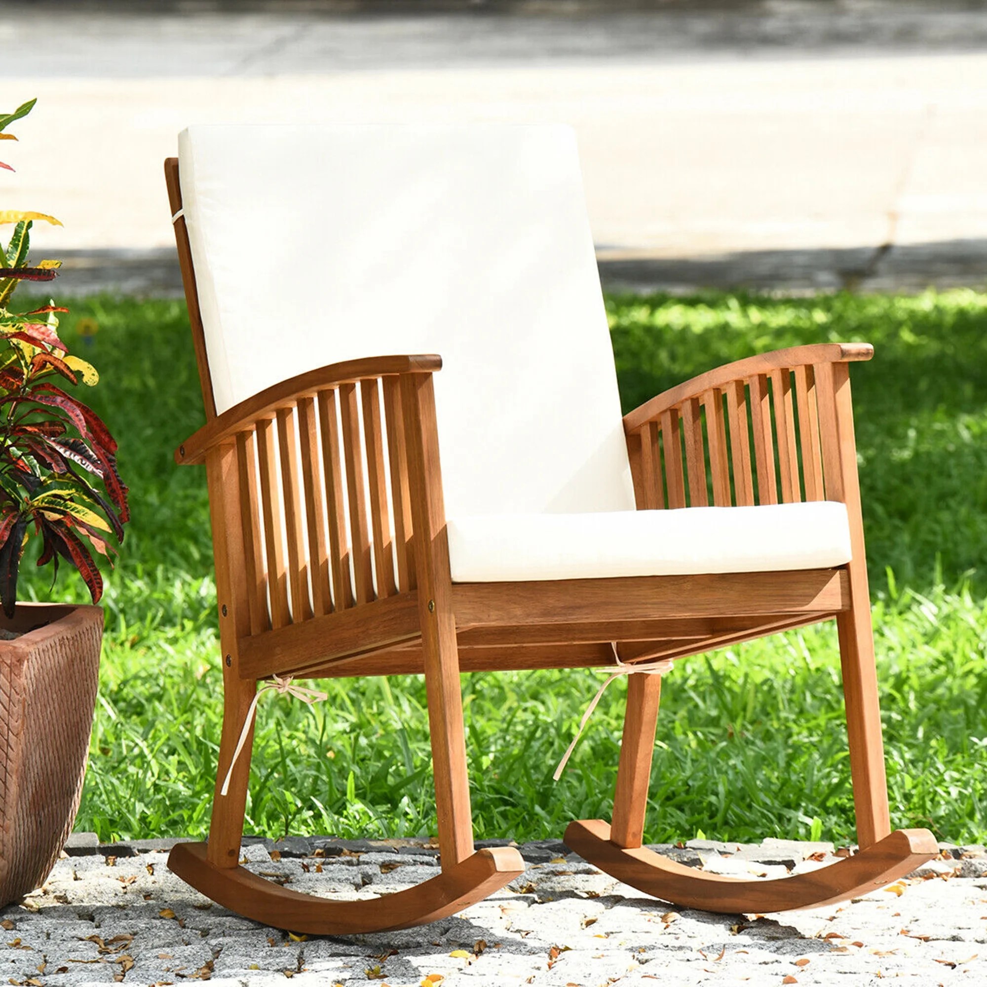 Gymax Patio Wooden Rocking Chair Lawn Garden Outdoor w/ Armrest Cushion