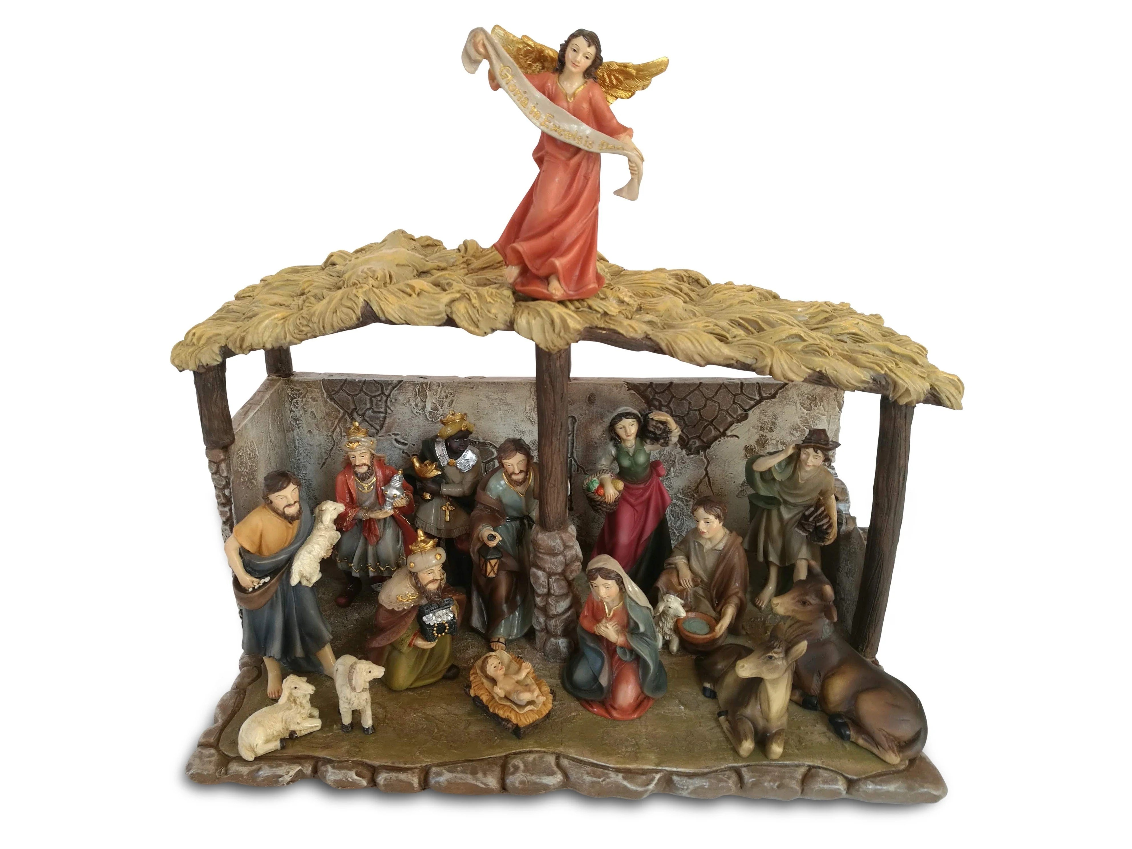 Complete Tabletop Christmas Nativity Scene with Stable and 15 Figurines