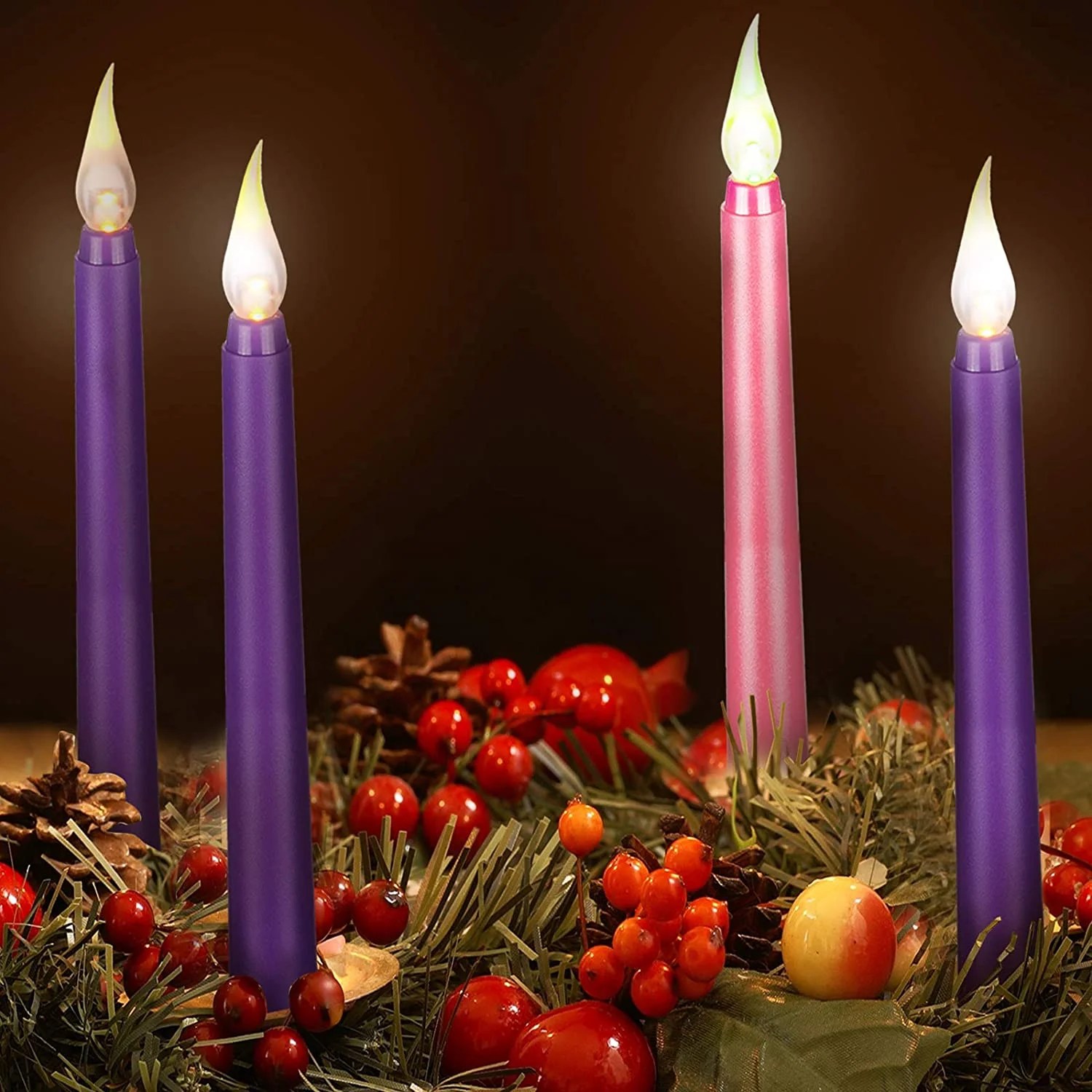 4 Pieces LED Flameless Advent Candle Set Purple and Pink Advent Taper