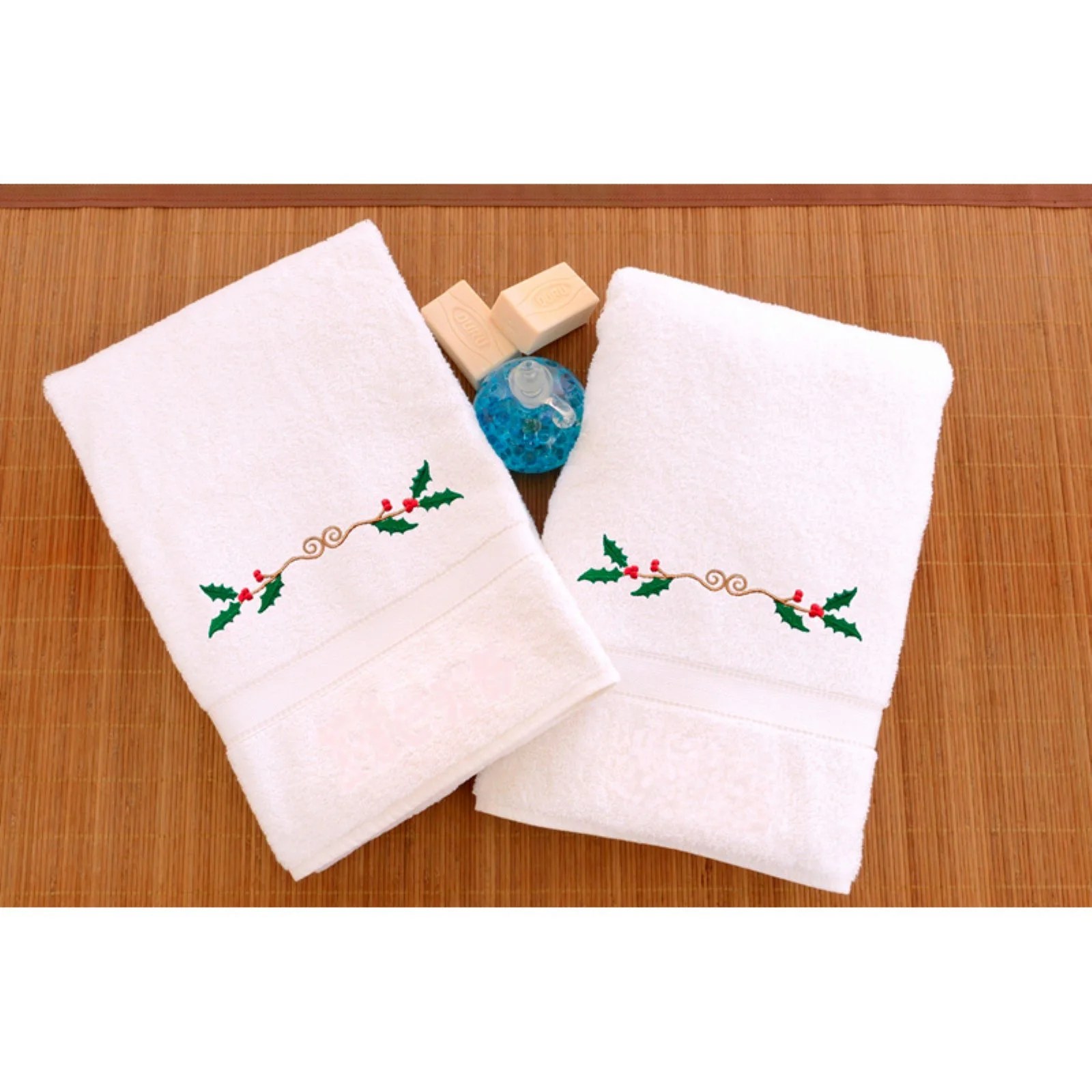 Embroidered Hand Towels with Holly Border Set of 2