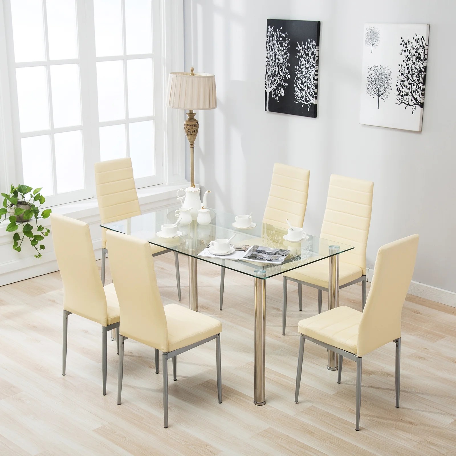Mecor Dining Table Set with Leather Chairs Kitchen Furniture Beige 7