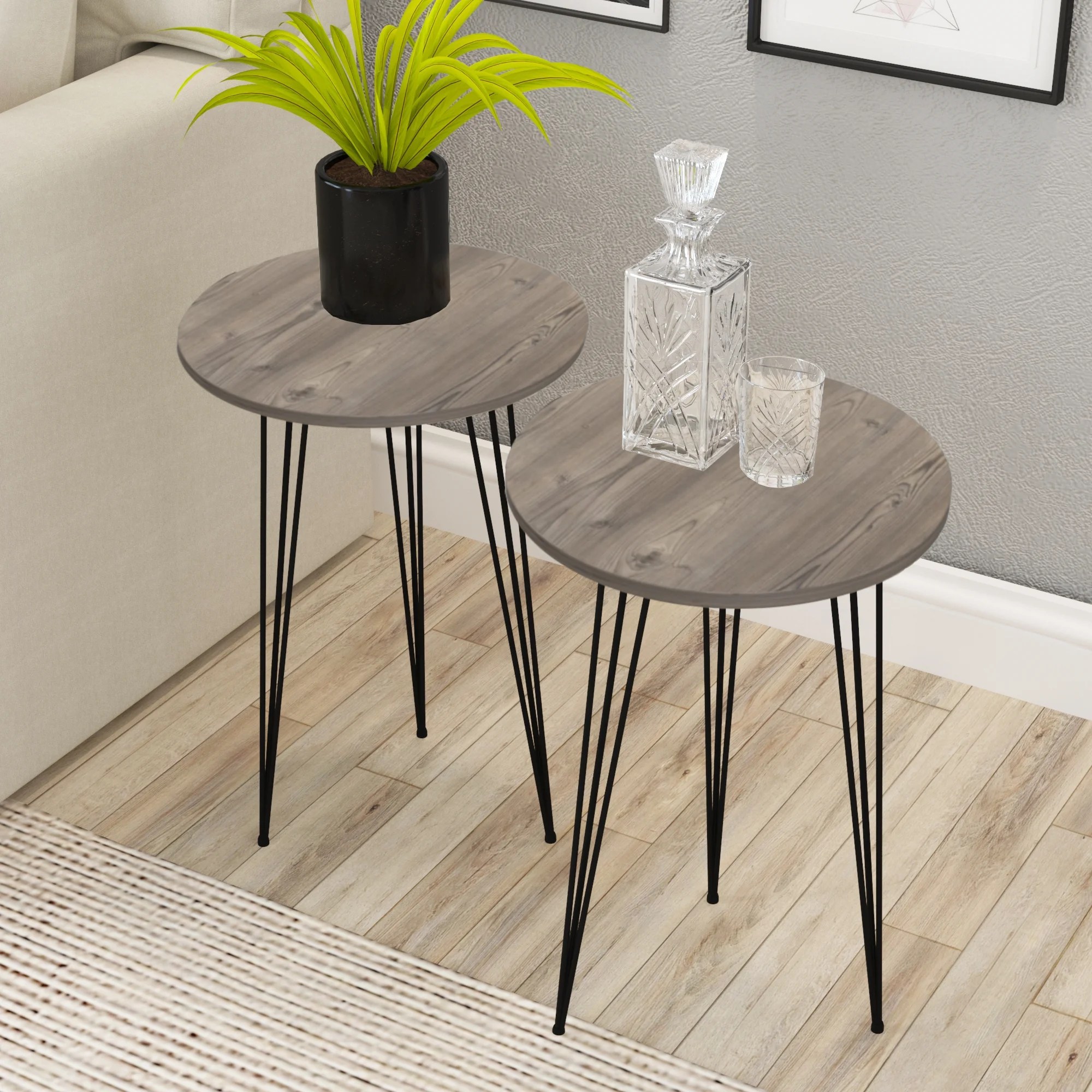 SET OF 2 END TABLE PAK HOME Marble Look Wood Round Sofa Side Tables