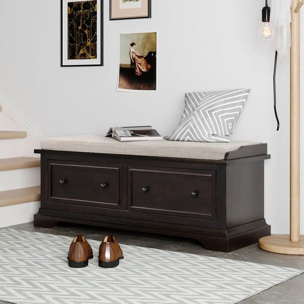YOFE Storage Bench, Entryway Bench with Removable Cushion and 2 Drawers, Shoe Storage Bench for