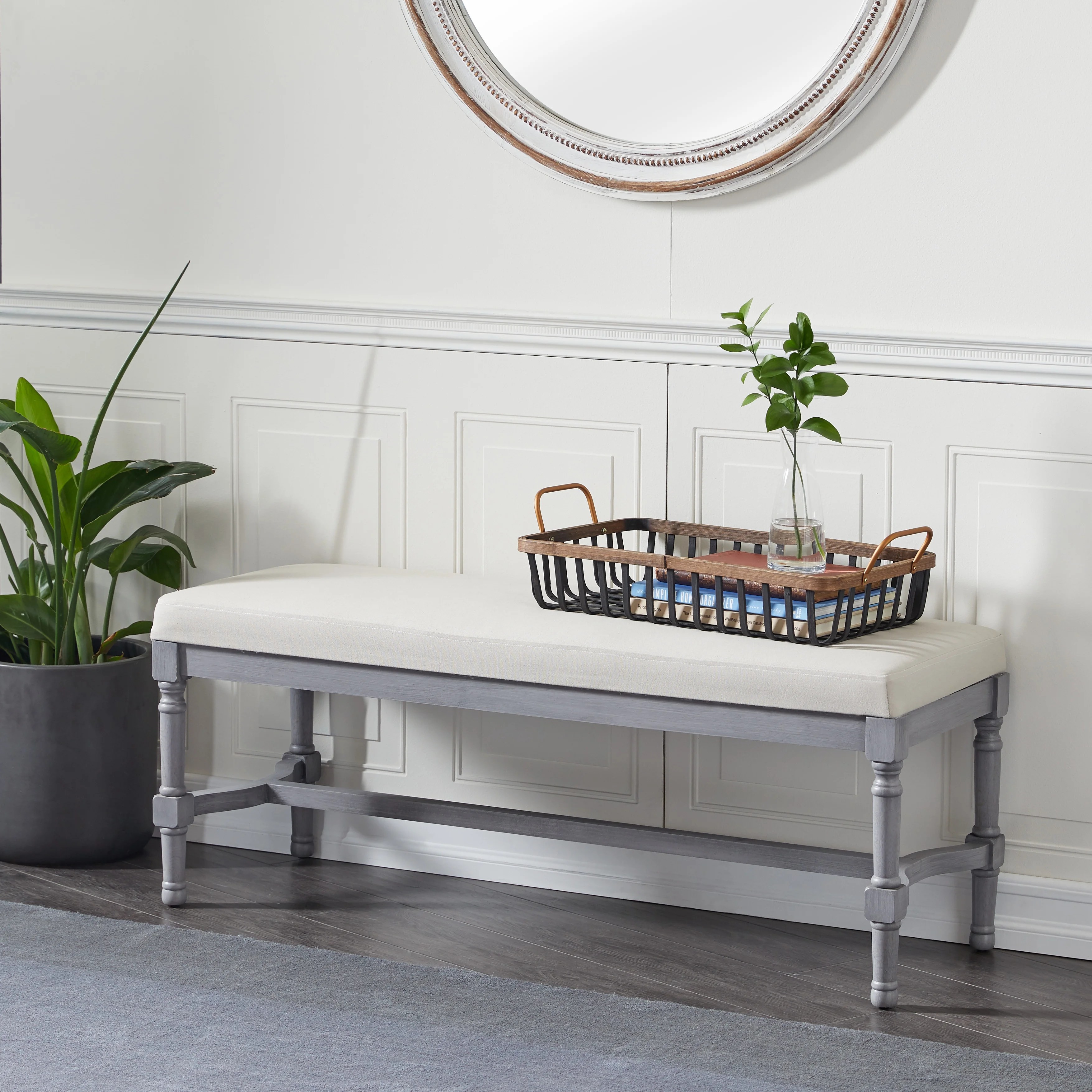 Decmode Rectangular Grey Wood Carved Bench With White Linen Cushion