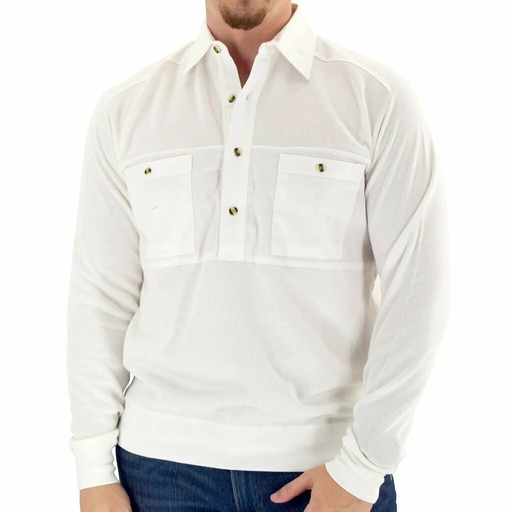 Mens Banded Bottom Long Sleeve Solid Knit Shirt Woven Chest Panel in 9