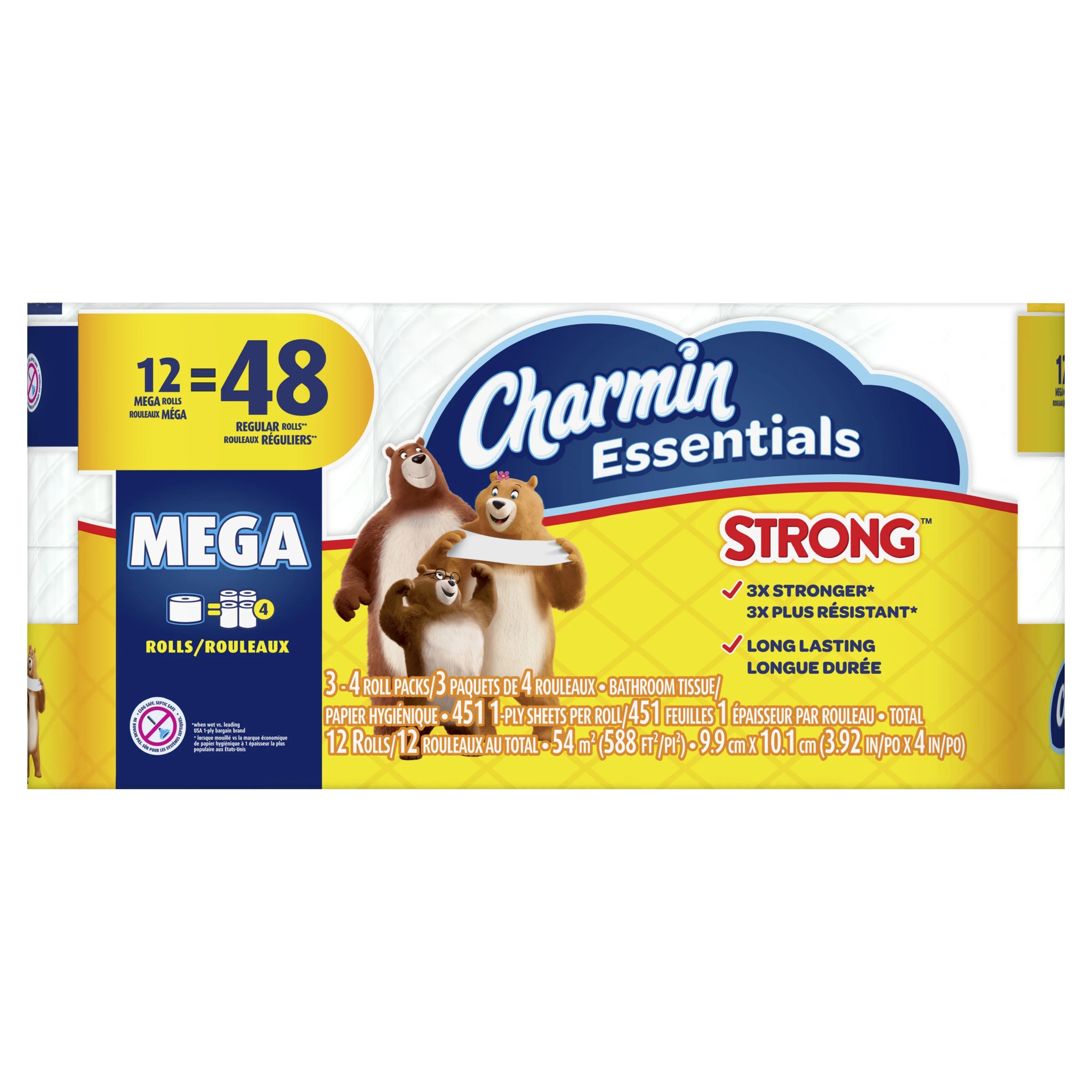Charmin Essentials Strong Toilet Paper 12 Mega Roll, 451 Sheets Per