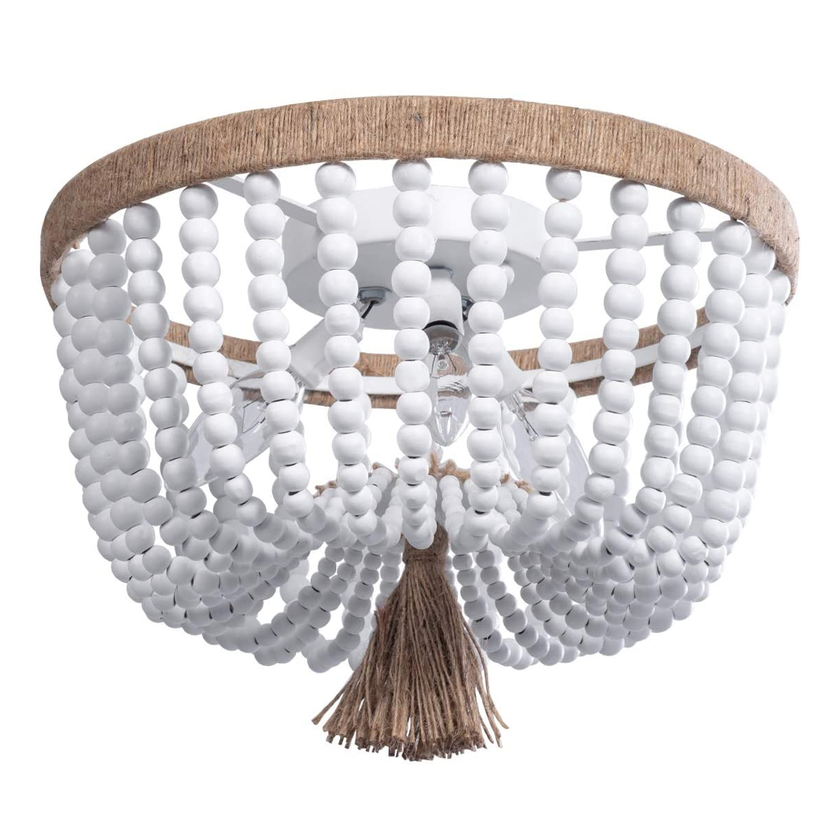 Bohemia Farmhouse Wood Beaded Flush Mount Ceiling Light, White Antique