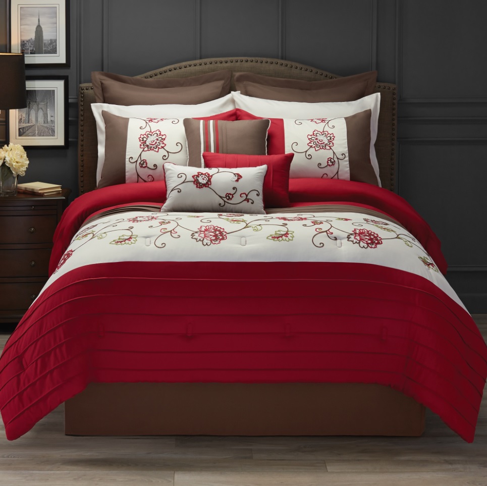 Hotel Style King Angela Embordered Red Comforter Set, 11 Piece