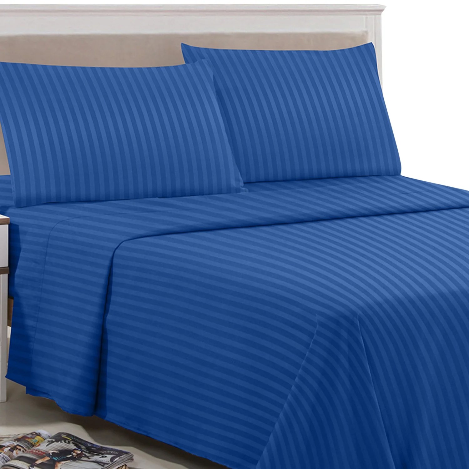 Stripes King Bed Sheets Set (King, Navy Blue) 4 Pieces Deep Pocket 1800