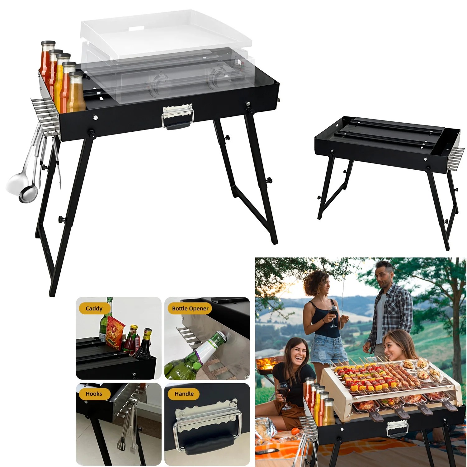 Universal Portable Grill Table / Flat Top Grill Griddles Stand with Built in Grill Caddy
