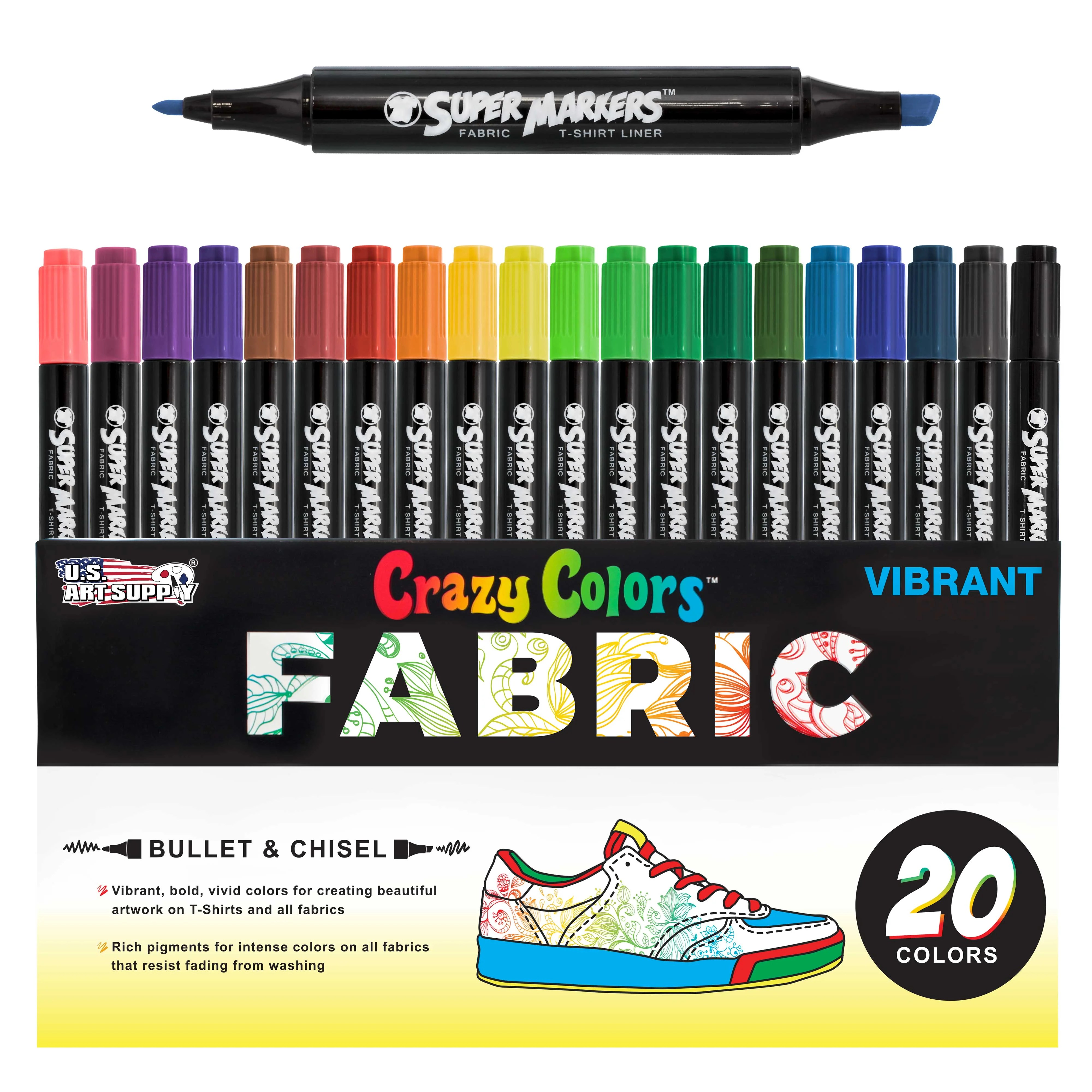 Crazy Colors Dual Tip Fabric & TShirt Marker 20 Color Set Bullet & Chisel Tips Child Safe
