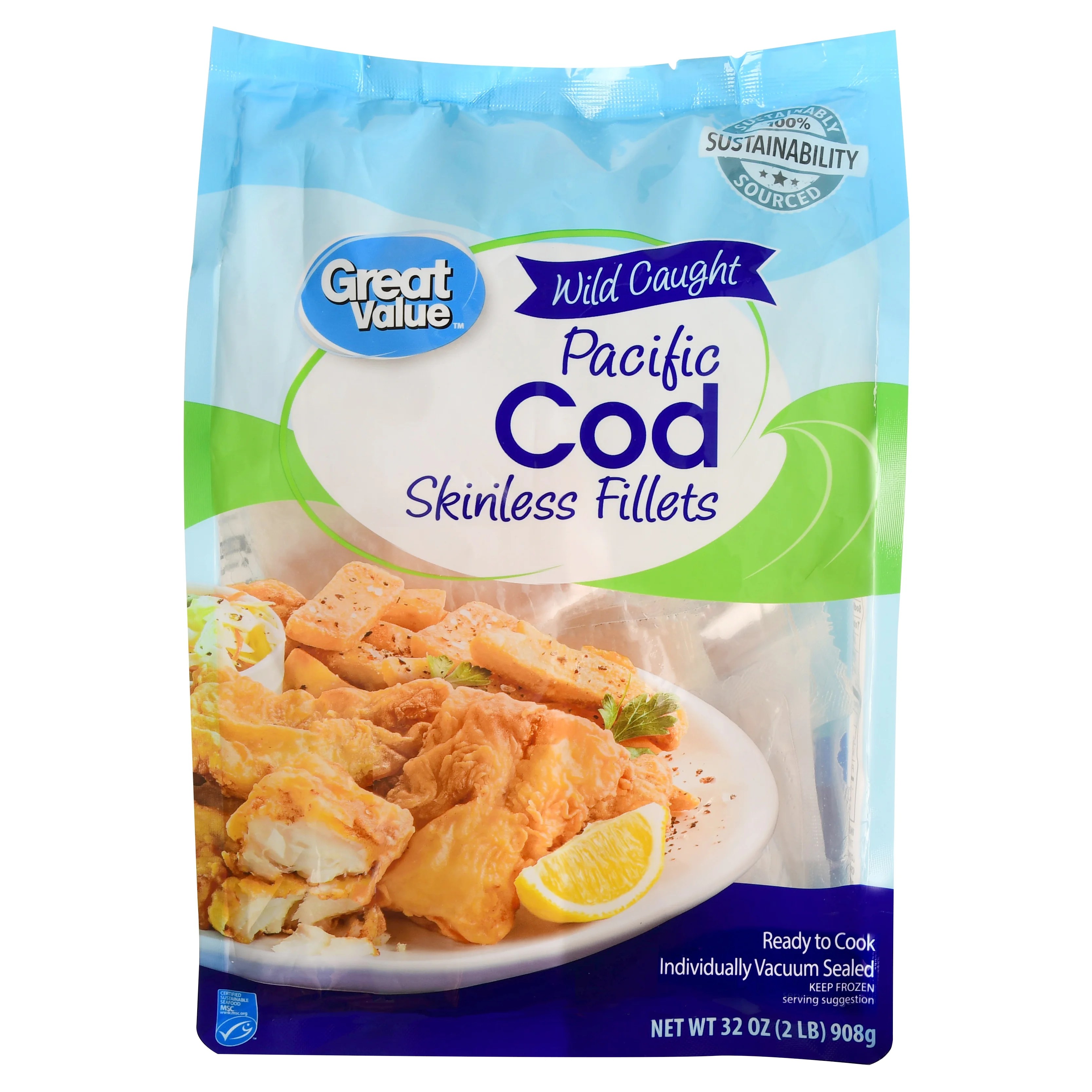 Great Value Frozen Cod Fillets, 2 lb