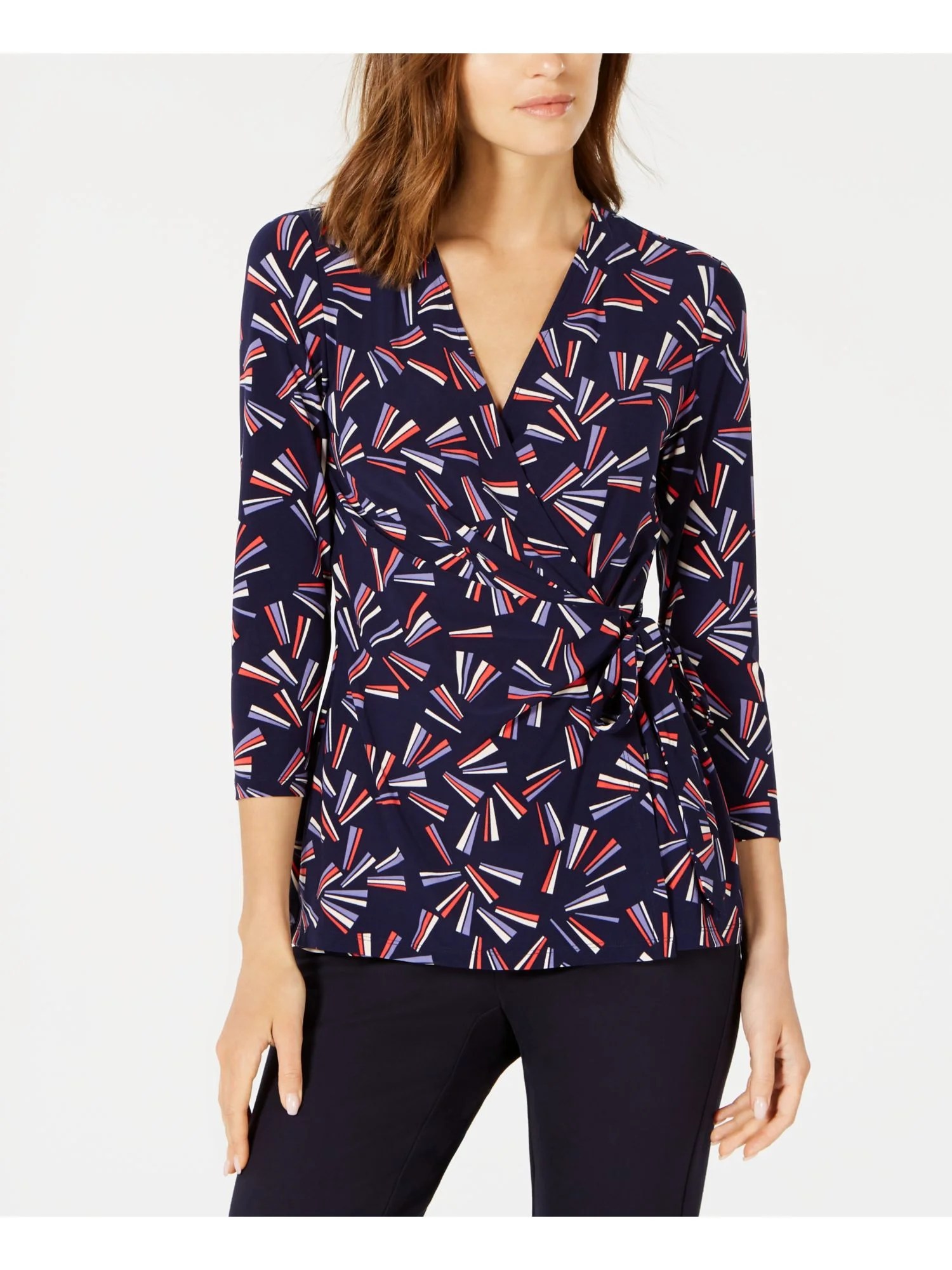 Anne Klein ANNE KLEIN Womens Navy Printed 3/4 Sleeve V Neck Wrap Top