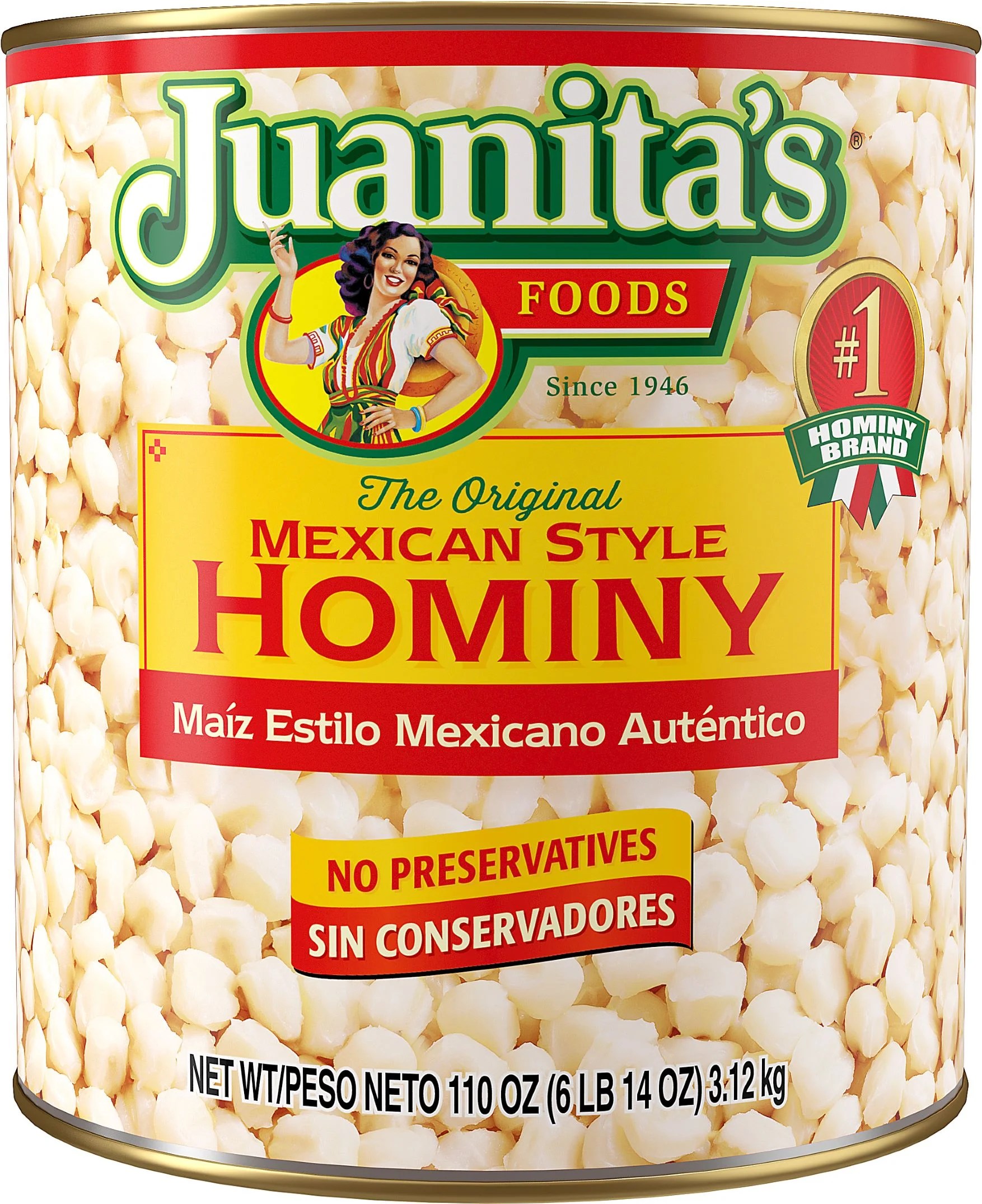 Juanita's Foods Mexican Style Hominy, Canned Hominy, 110 oz