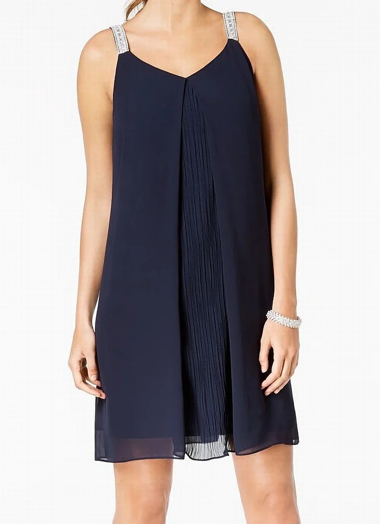 MSK MSK Navy Womens Petite Pleated Chiffon Shift Dress