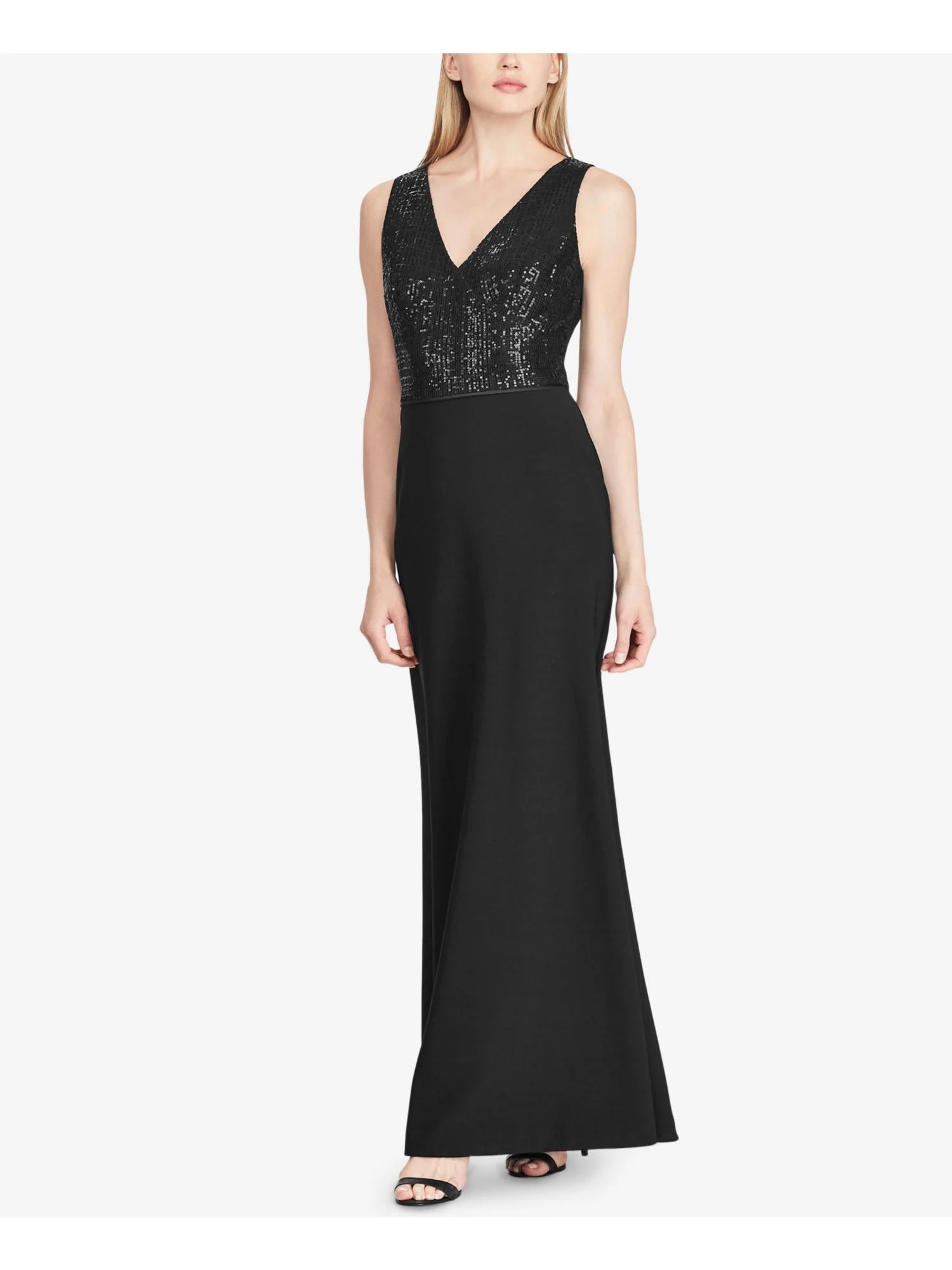 Ralph Lauren RALPH LAUREN Womens Black Sequin Jersey Gown Sleeveless