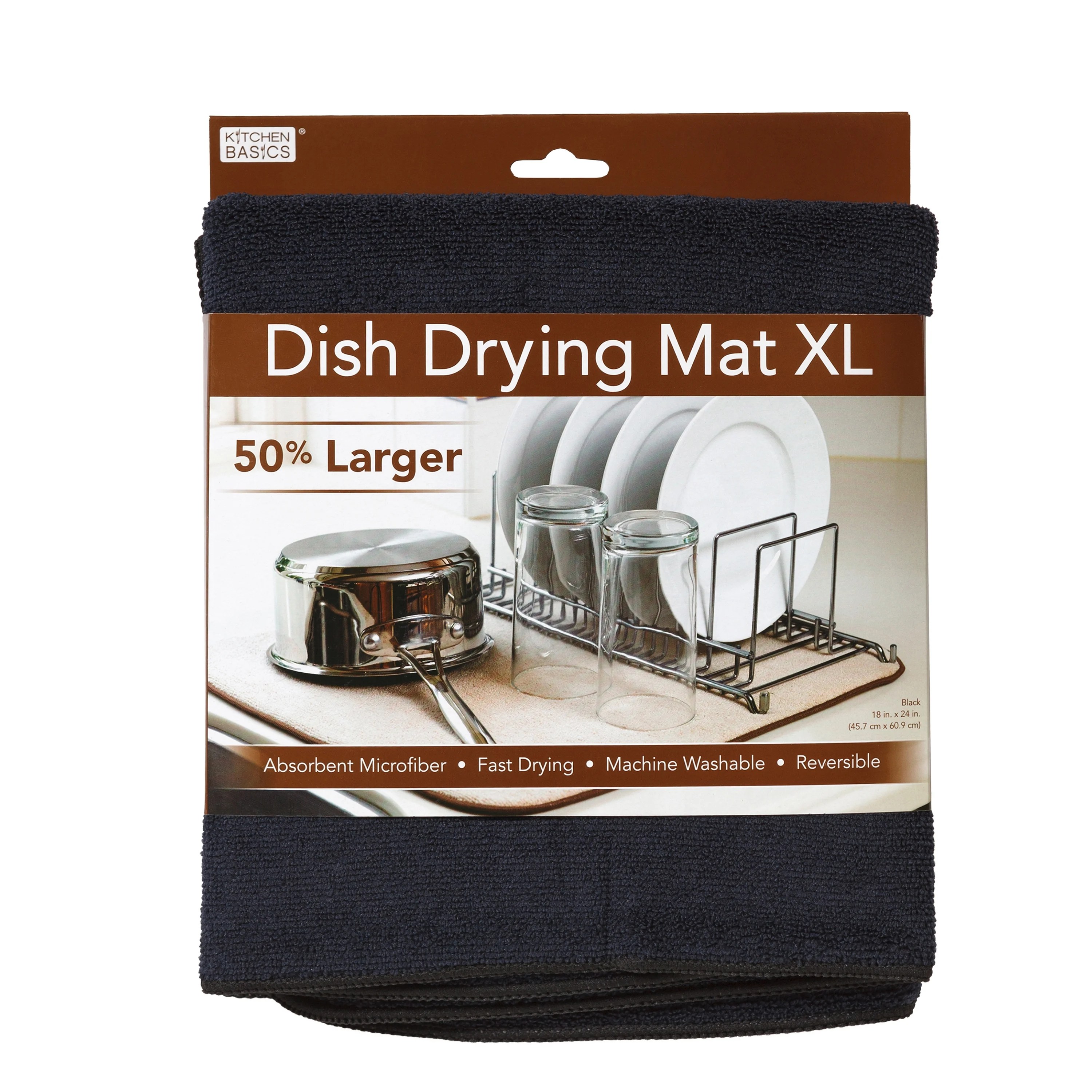 Kitchen Basics XL Reversible Microfiber Dish Drying Mat, Black, 18" x 24"