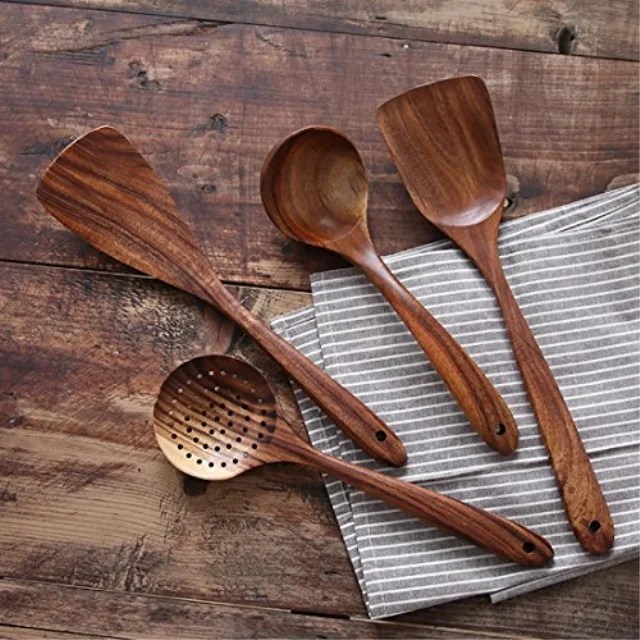 UBae Teak 4 Piece Set Kitchen Utensils Wooden Kitchenware Set Nonstick