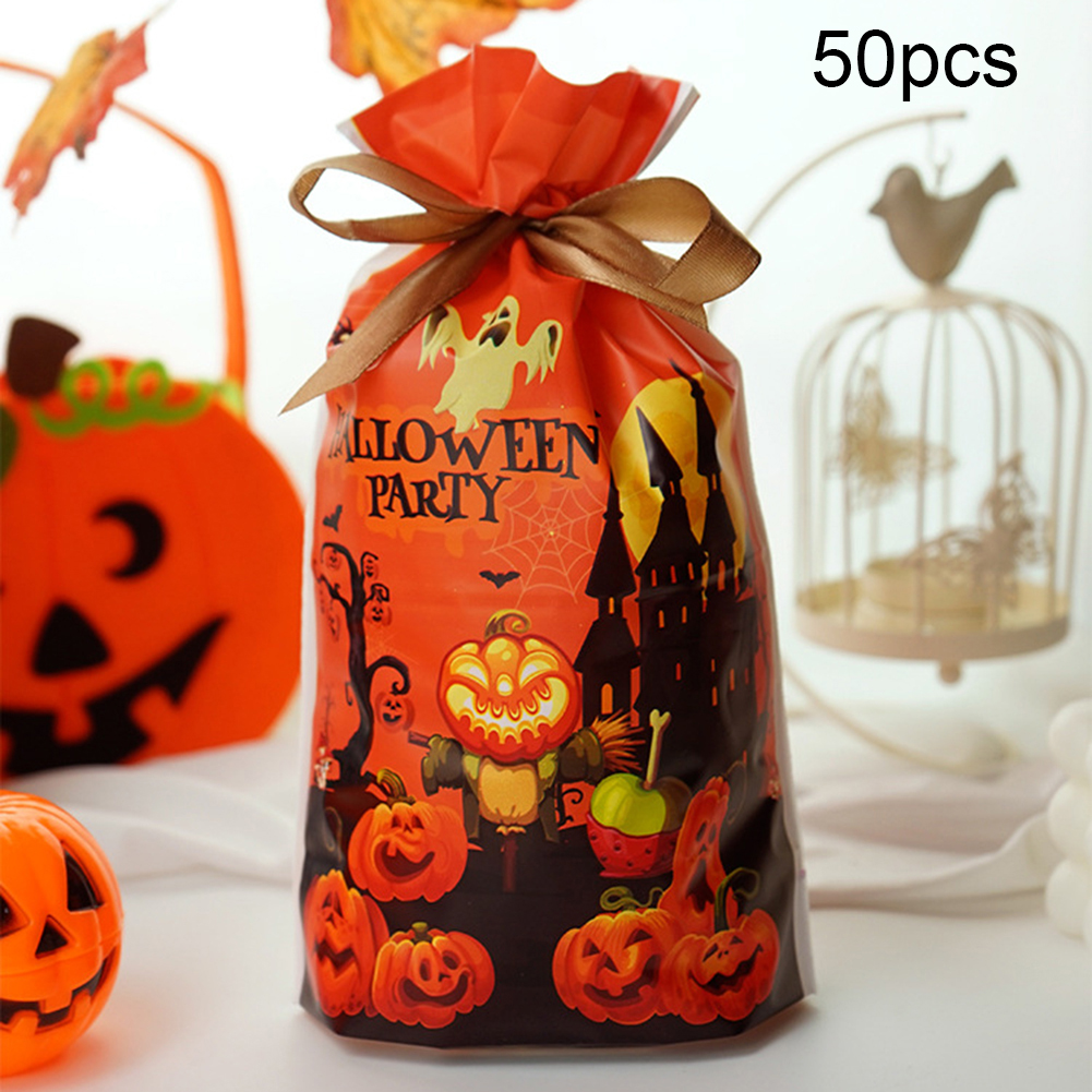 50pcs Halloween Candy Bags with Ribbons Cookie Packaging Cute Present