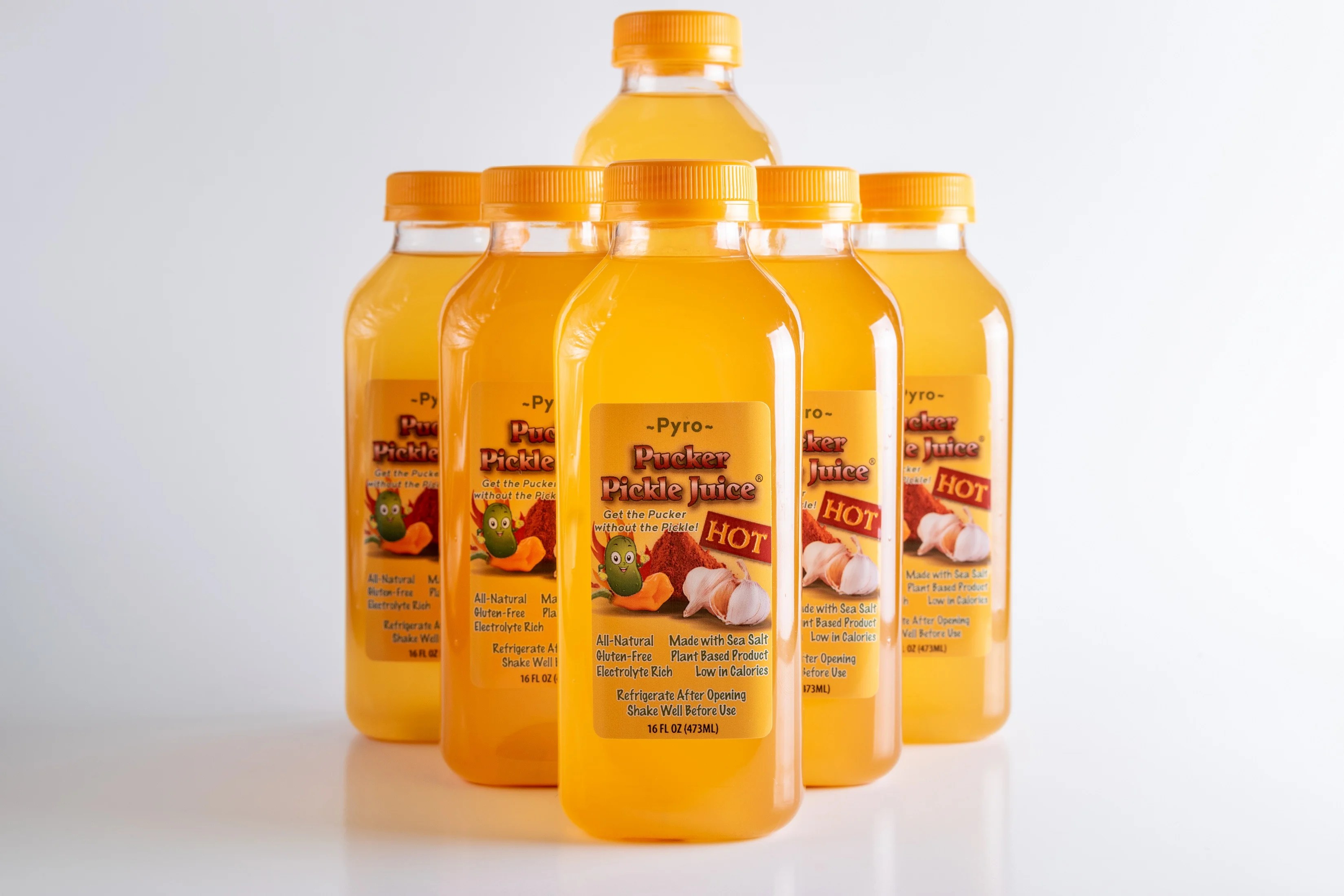 Pucker Pickle Juice Pyro Spicy Hot Flavor 6Pack of 16 ounce Bottles