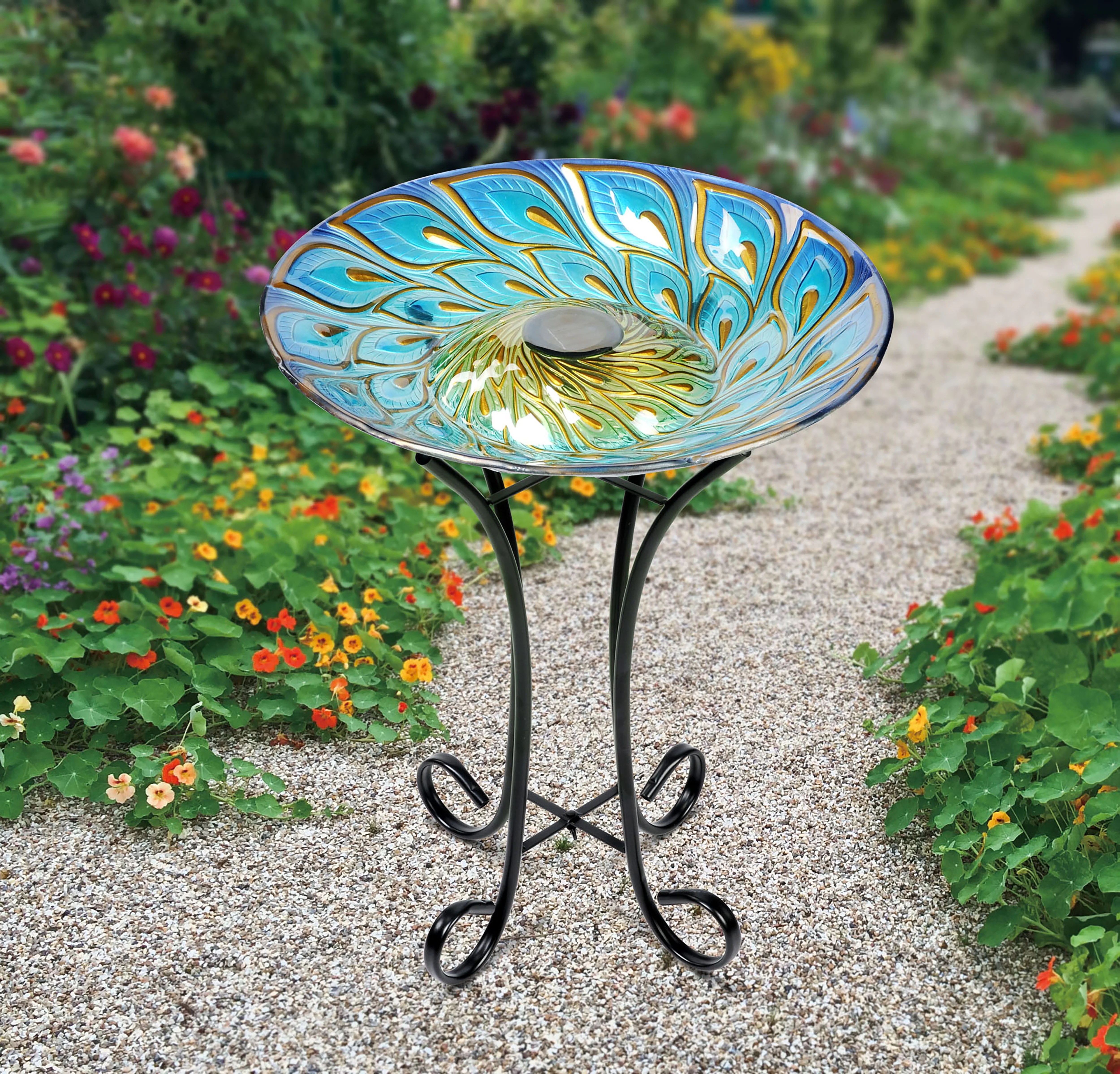 Solar glass peacock feathers bird bath with stand