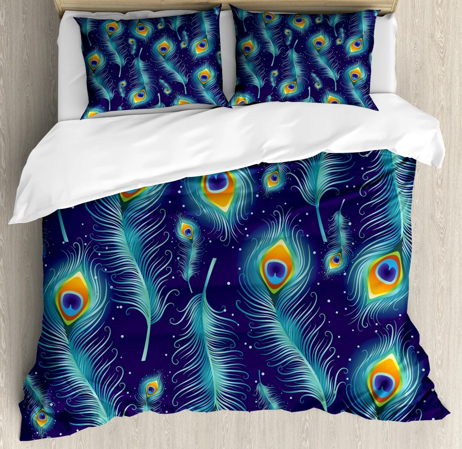 Peacock Duvet Cover Set, Graphic Peacock Bird Feathers Artistic
