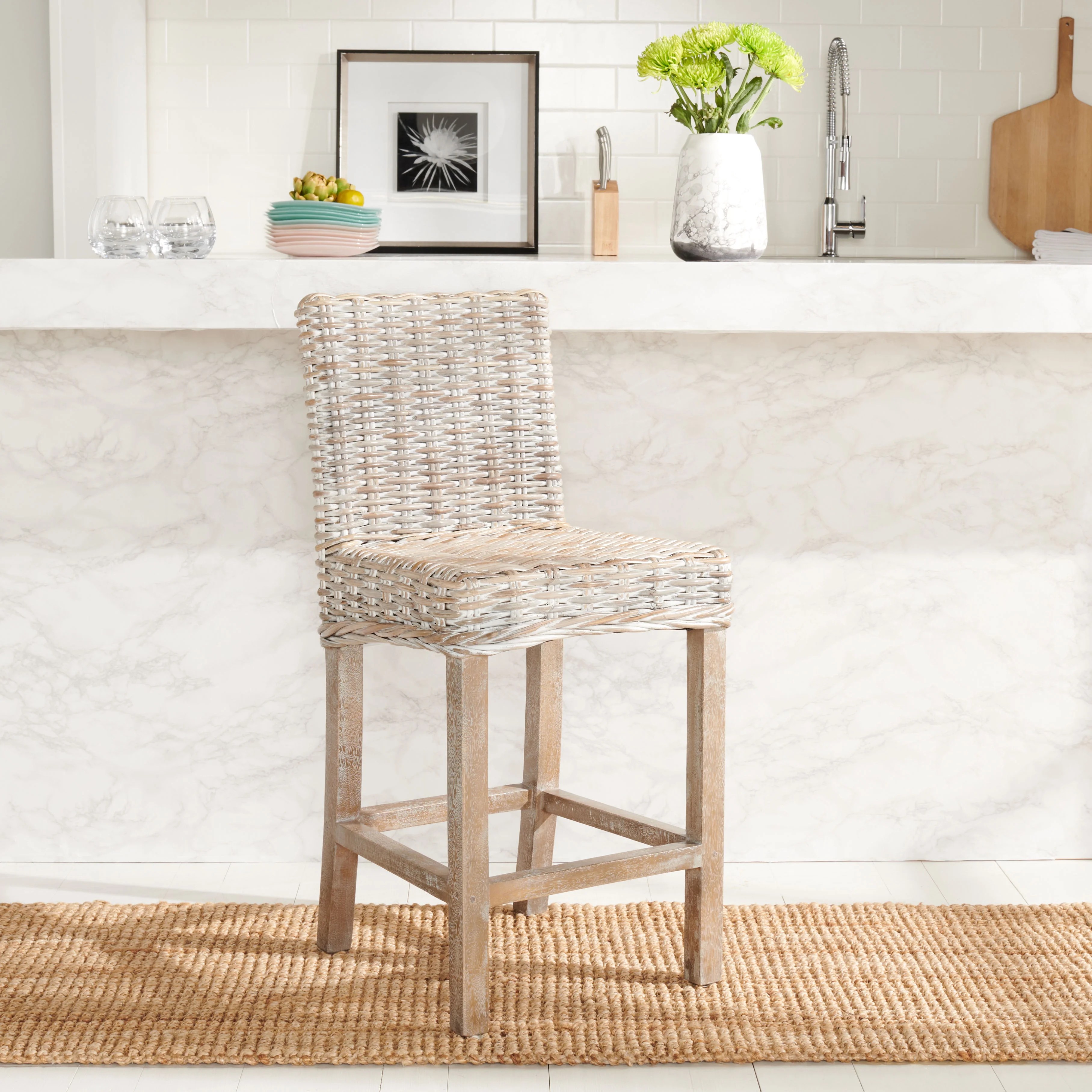 Safavieh Tobie Rattan Counter Stool with Footrest, Grey White Wash