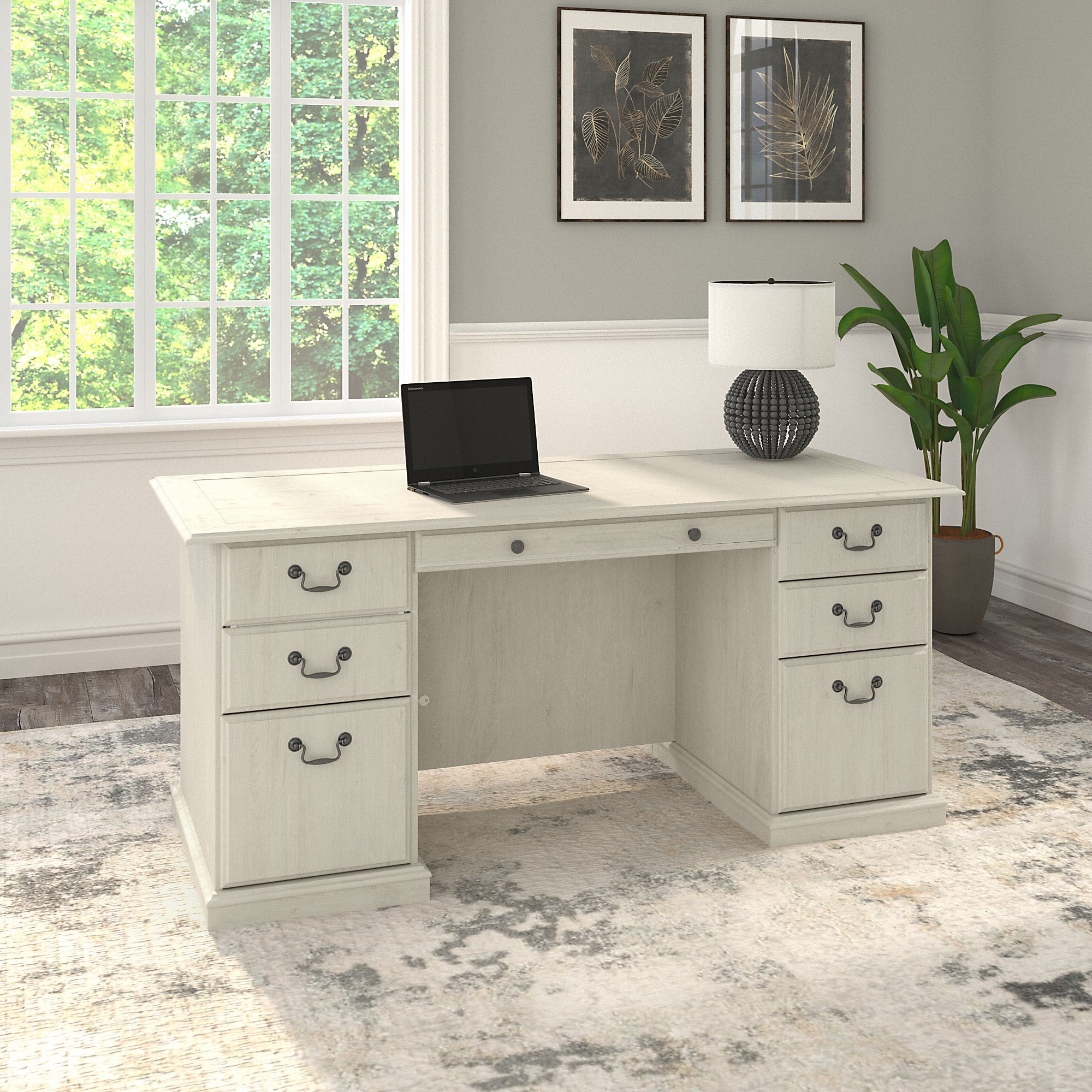 Bush Furniture Saratoga Executive Desk with Drawers, OffWhite