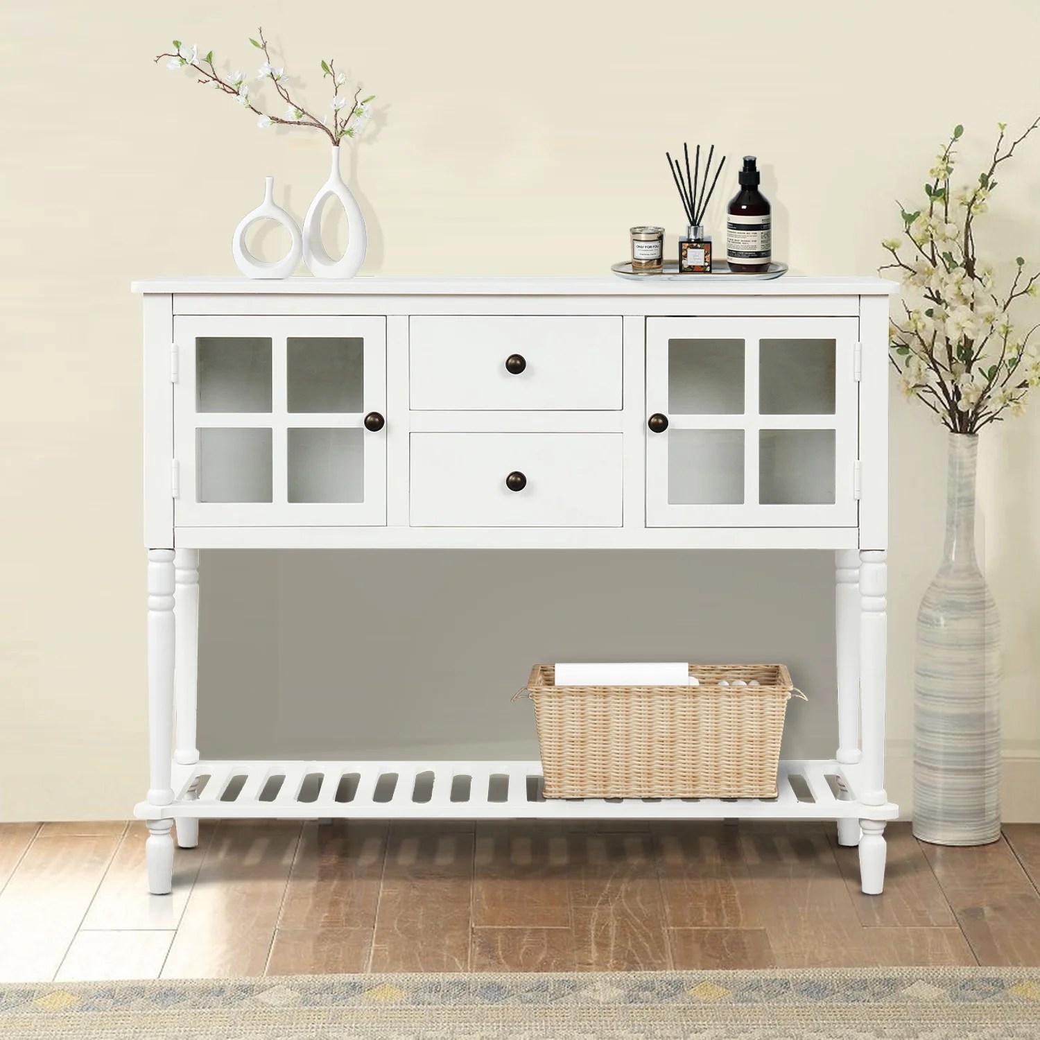 Wood Console Table Storage with Bottom Shelf and 2 Drawers