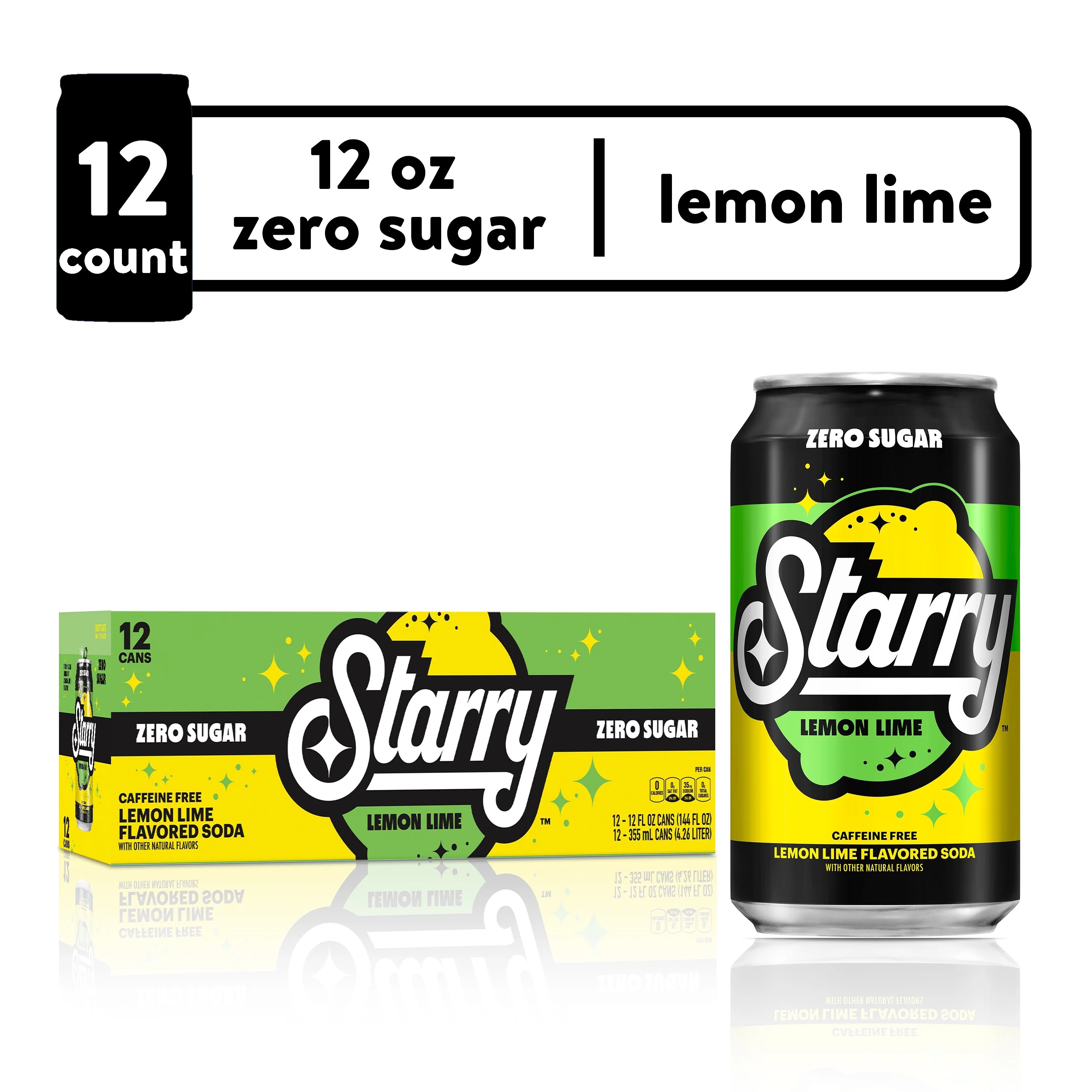 Starry Zero Sugar Lemon Lime Flavored Soda Pop, 12 fl oz, 12 Pack Cans