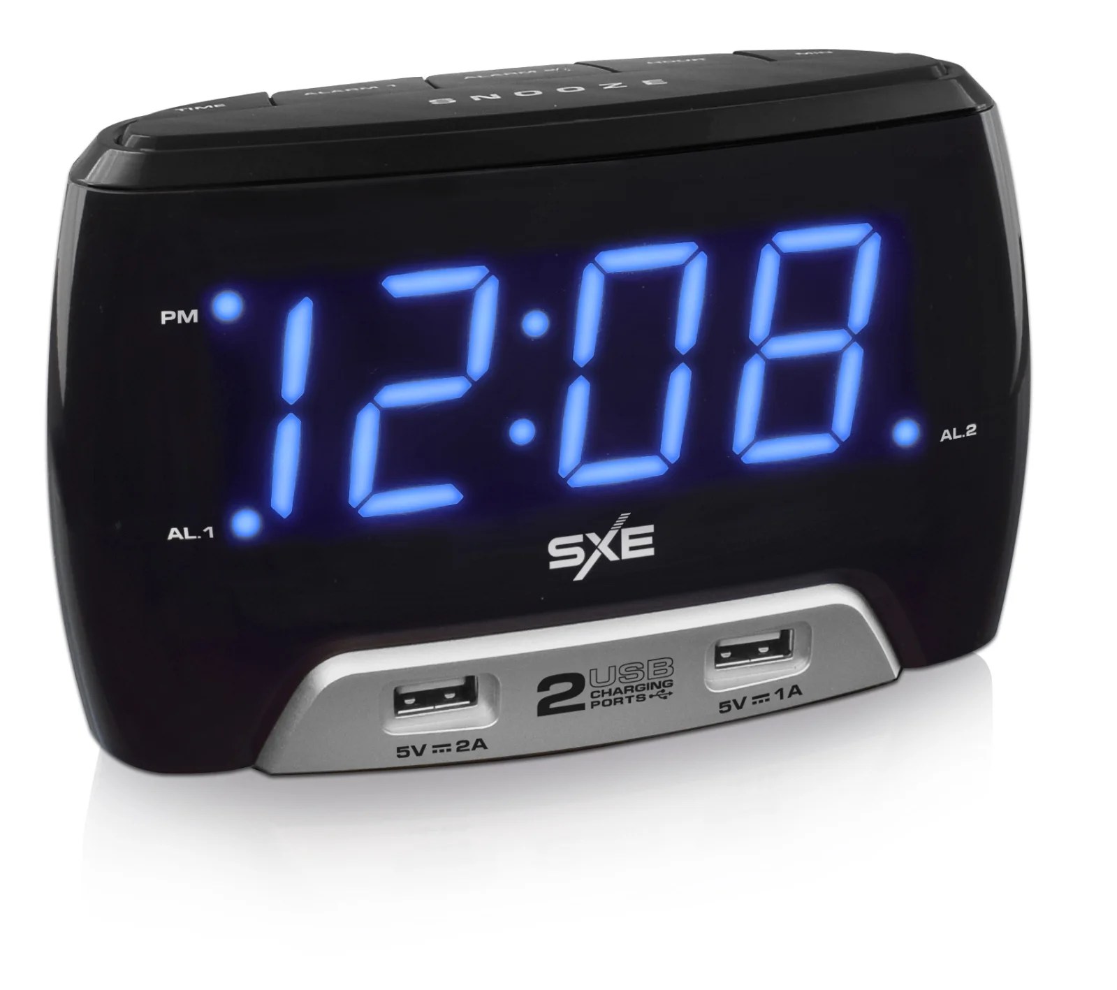 SXE 1.4" Blue LED Alarm Clock with 2 USB Charging Ports (1 is fast