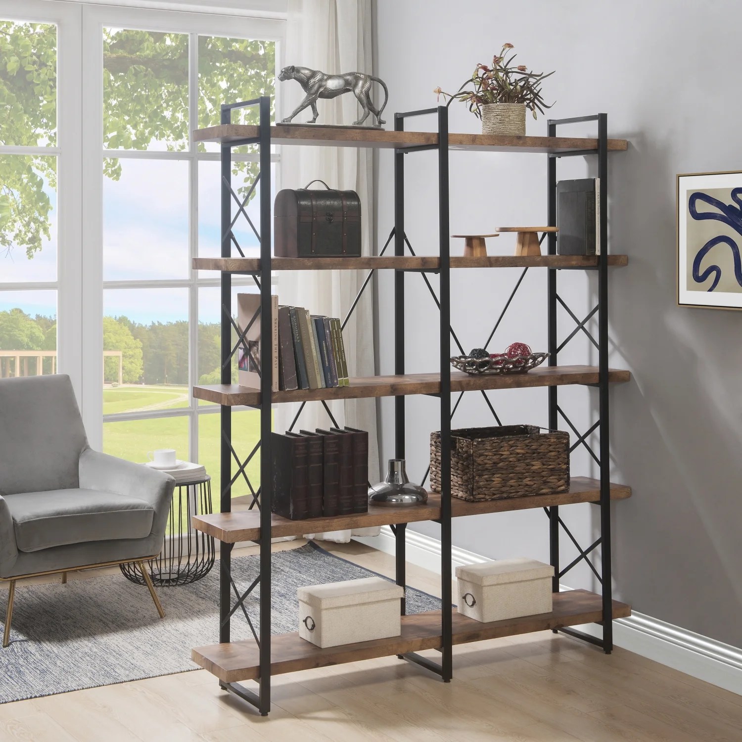 Clearance! 5Tier Simple Industrial Bookshelf，Wood Bookcase and Display