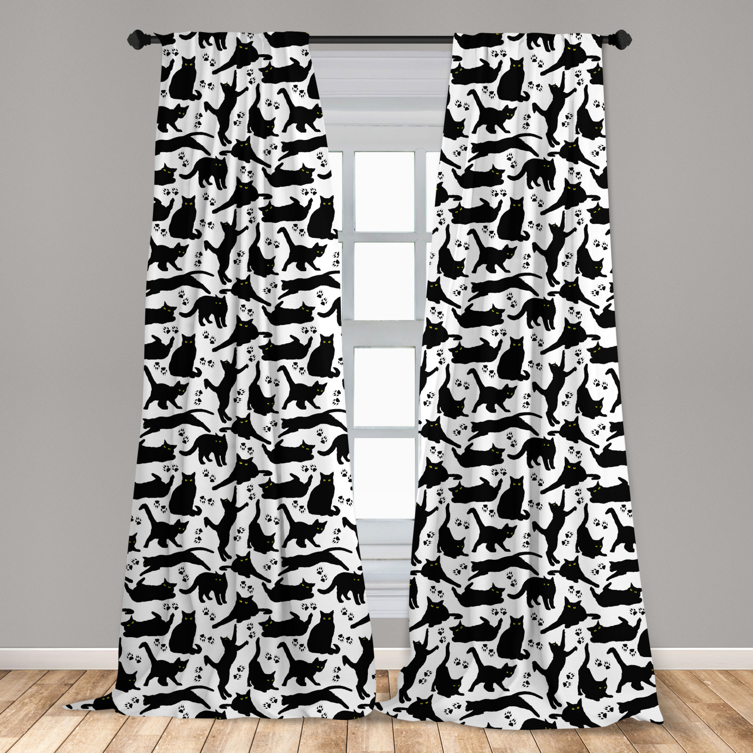 Cat Curtains 2 Panels Set, Black Cats with Yellow Eyes in Different Positions Paw Traces Playful