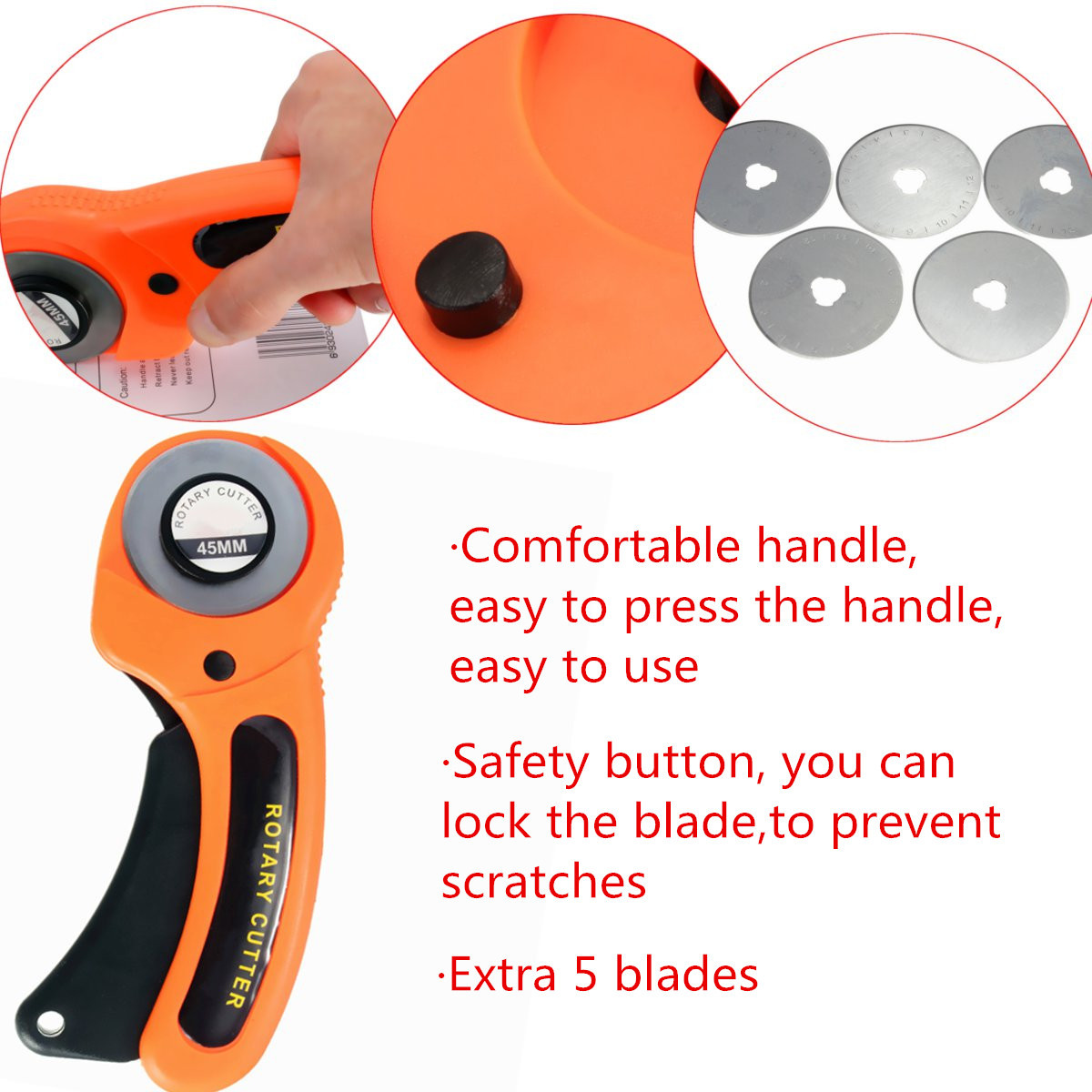 6Pcs/set 1 Rotary Cutter + 5 Spare Blades Cutter Stainless Steel Fabric