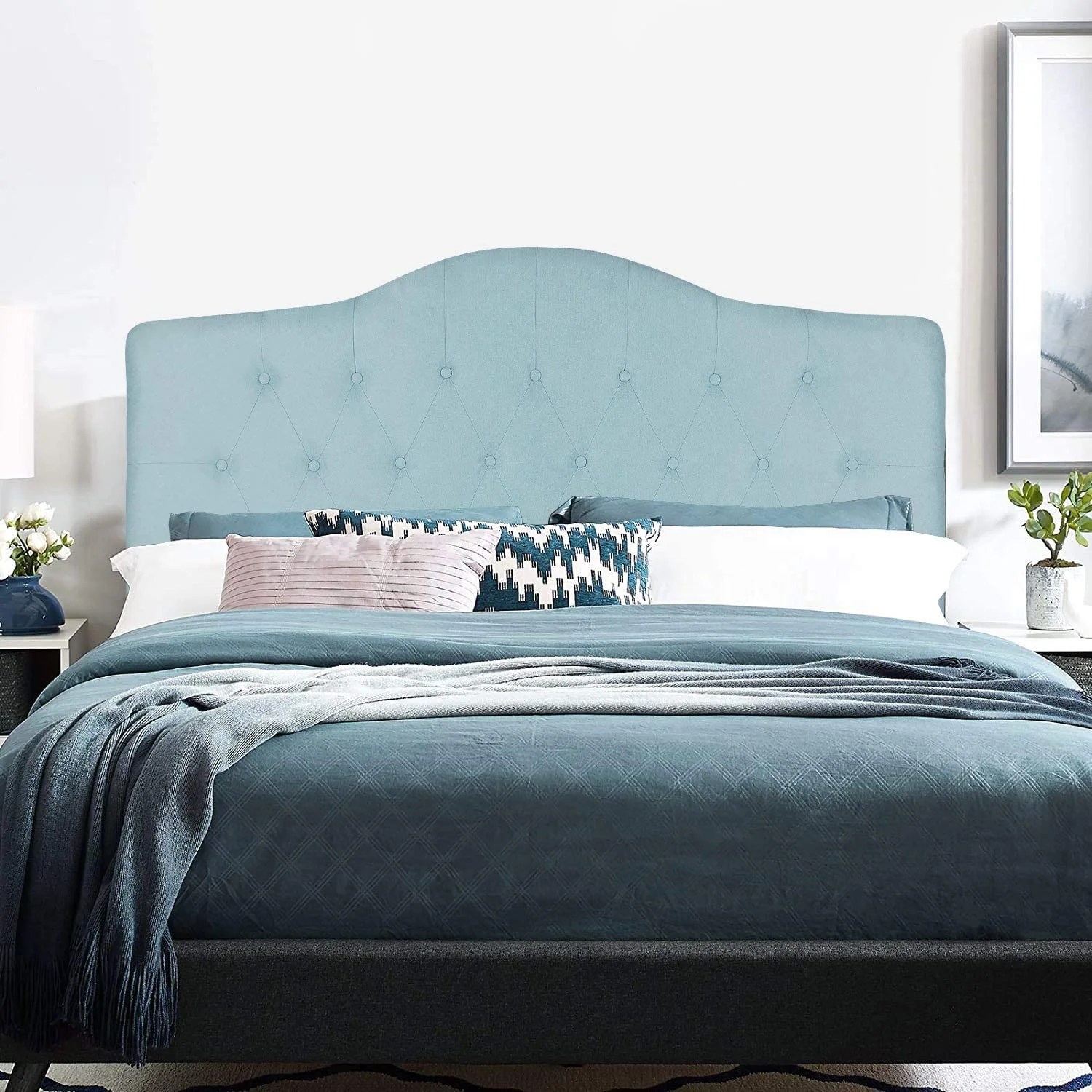Homebeez Light Blue Queen Headboard Diamond Tufted Upholstered