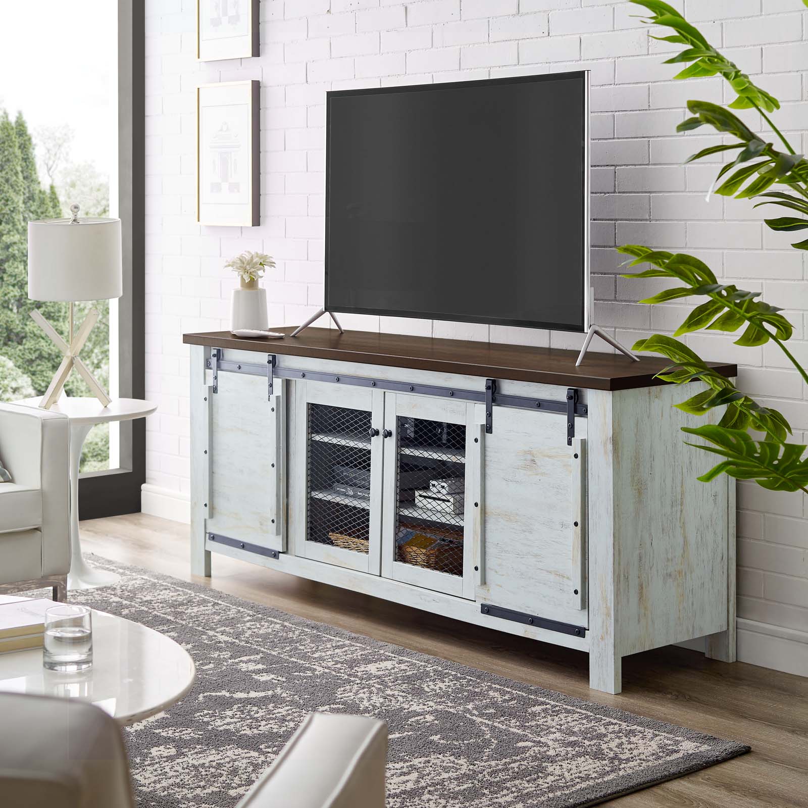 Bennington 71" Rustic Sliding Door TV StandEEI3490WHI