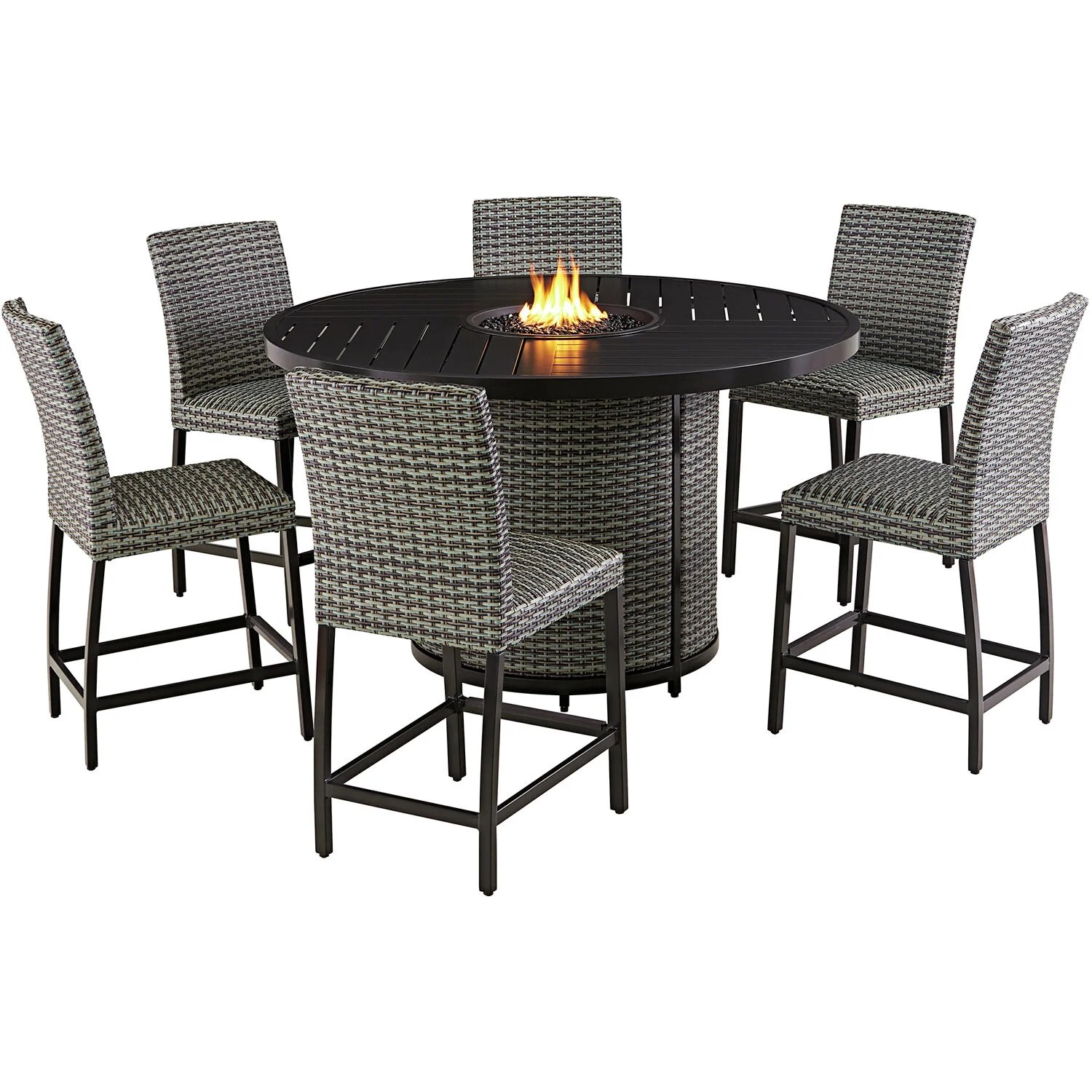 Agio Weston 7Piece Premium Outdoor High Dining Fire Pit Set, 6 Comfortable Wicker Armless Stool