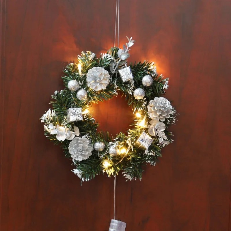 Christmas Wreath With Battery Powered LED Light String Front Door