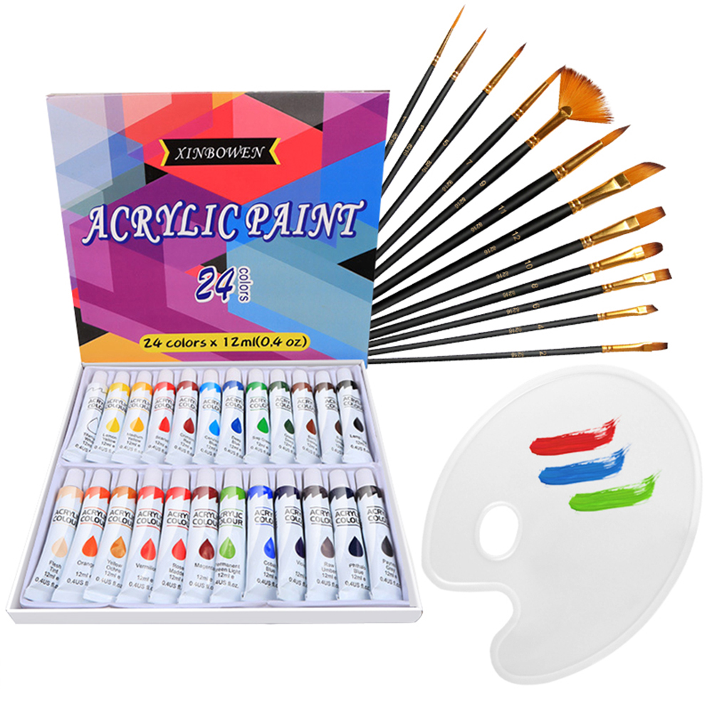 Acrylic Paint Set 24 Pigments, 12 Paintbrushes with Paint Palette Set
