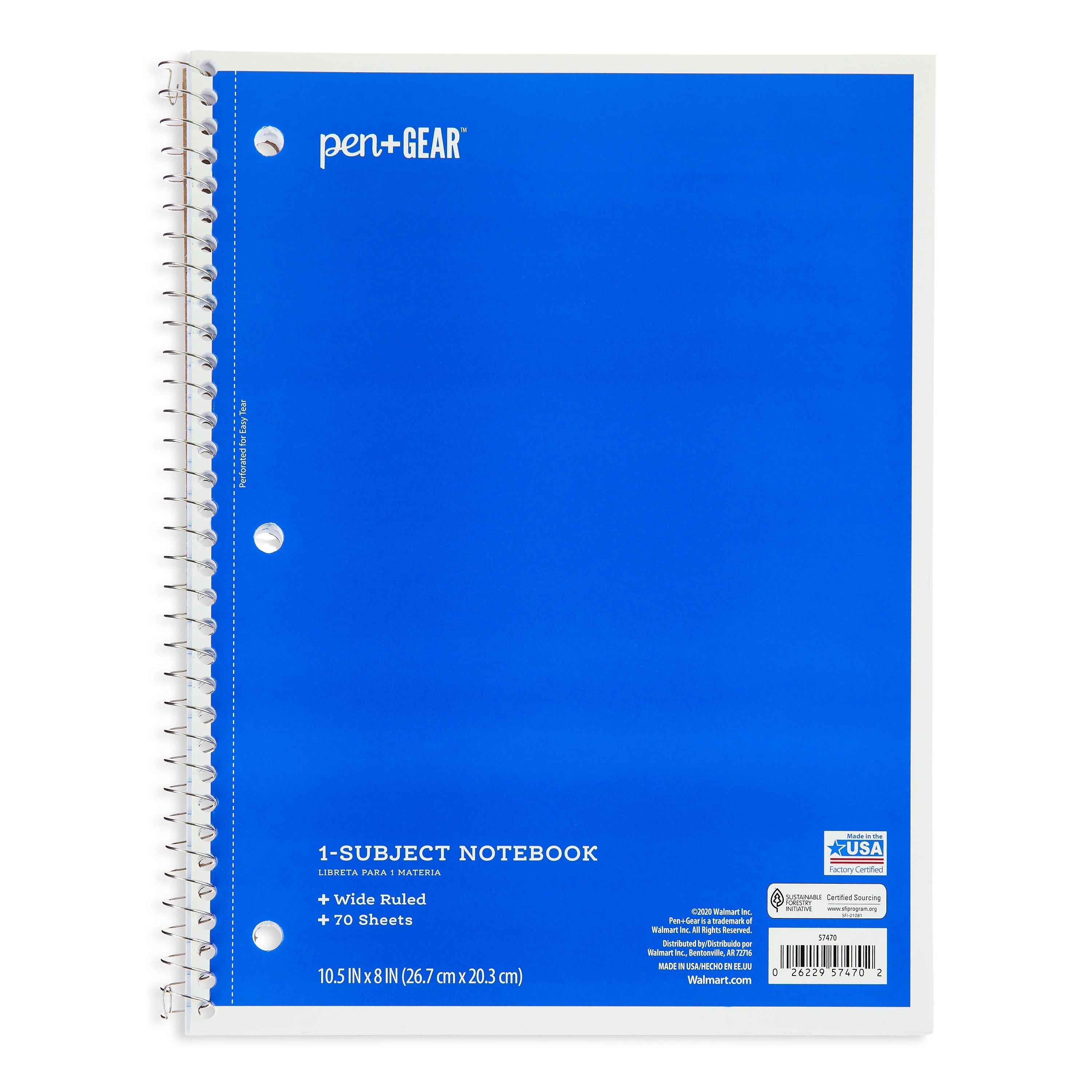 Pen+Gear 1Subject Notebook, Wide Ruled, Blue, 70 Sheets