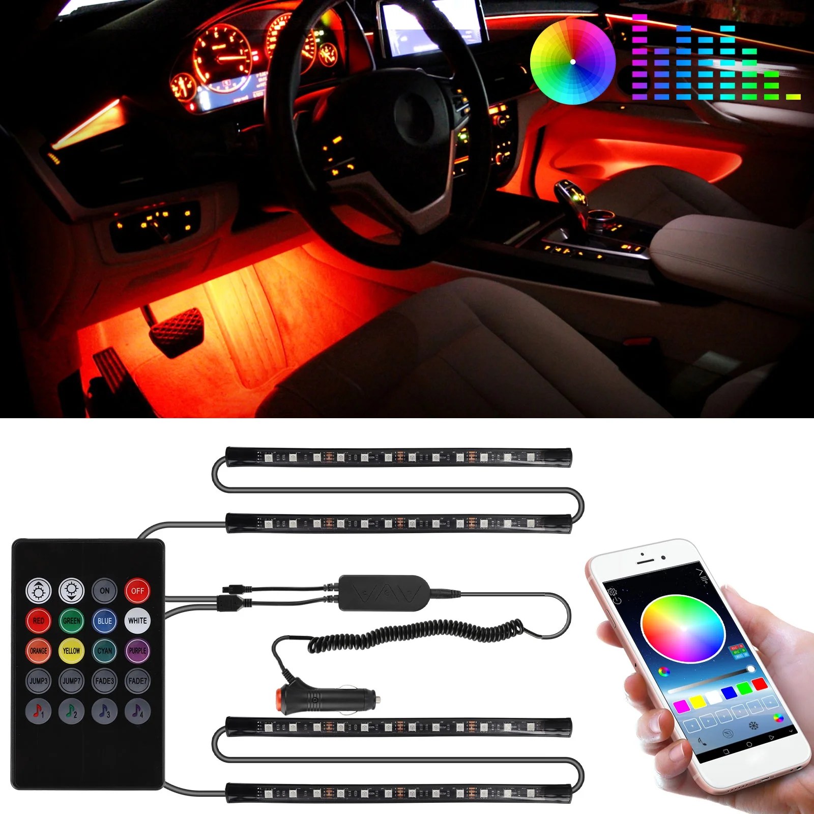 4PCS Interior Car Atmosphere Lights LED Strip Light with TwoLine