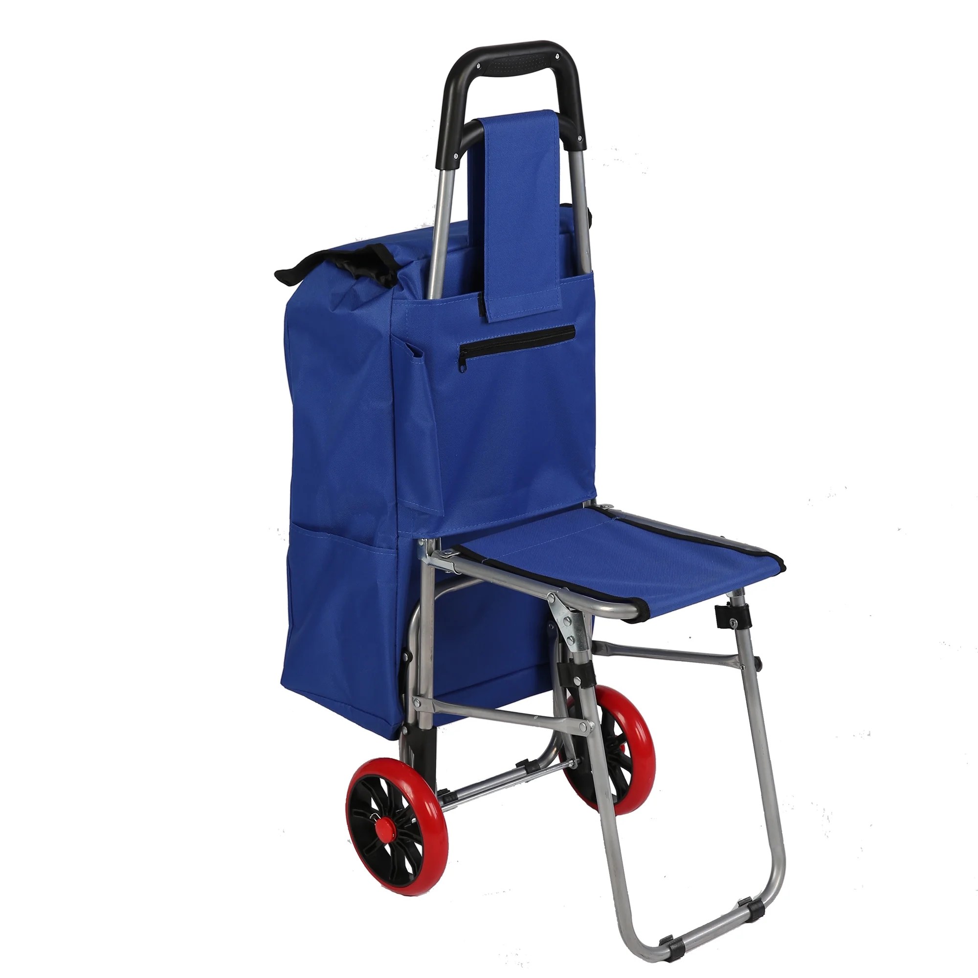 KARMAS PRODUCT Folding Shopping Cart with Seat Collapsible Dolly Grocery Carts Trolley with Blue