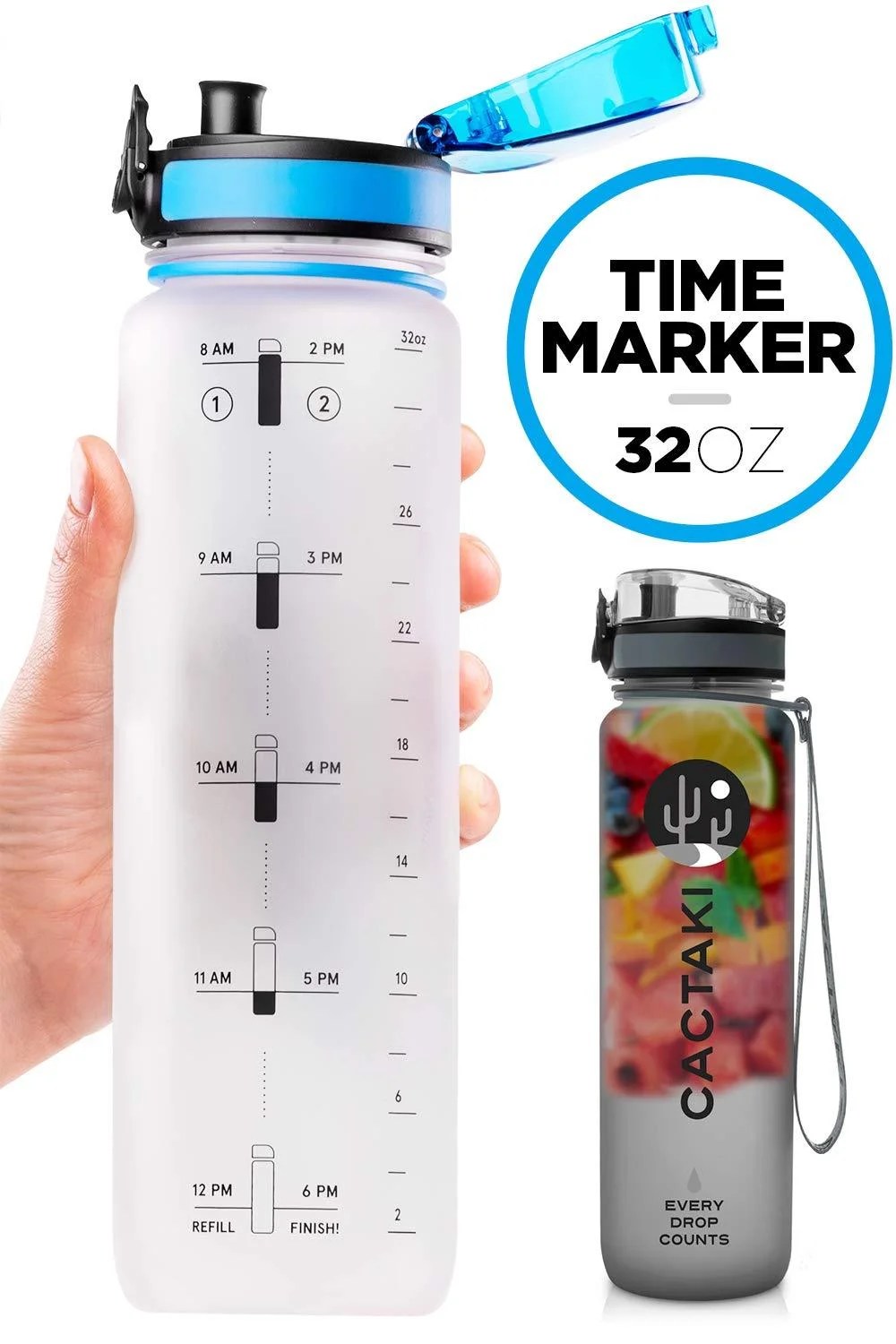 Cactaki 32oz Water Bottle With Time Marker, BPA Free Water Bottle, Non