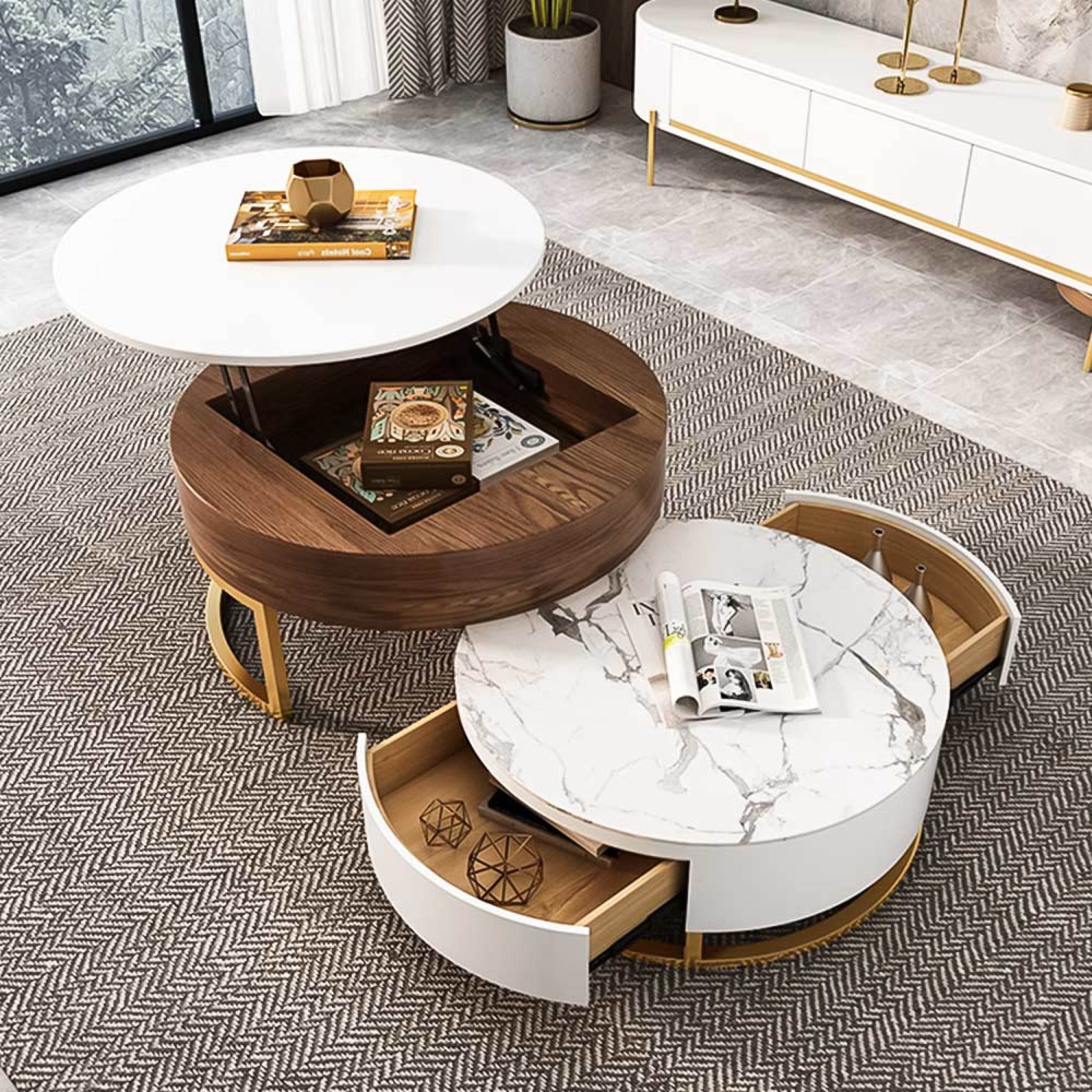 Alva Modern Nesting Coffee Table Set With Sintered Stone Top, Lift-top