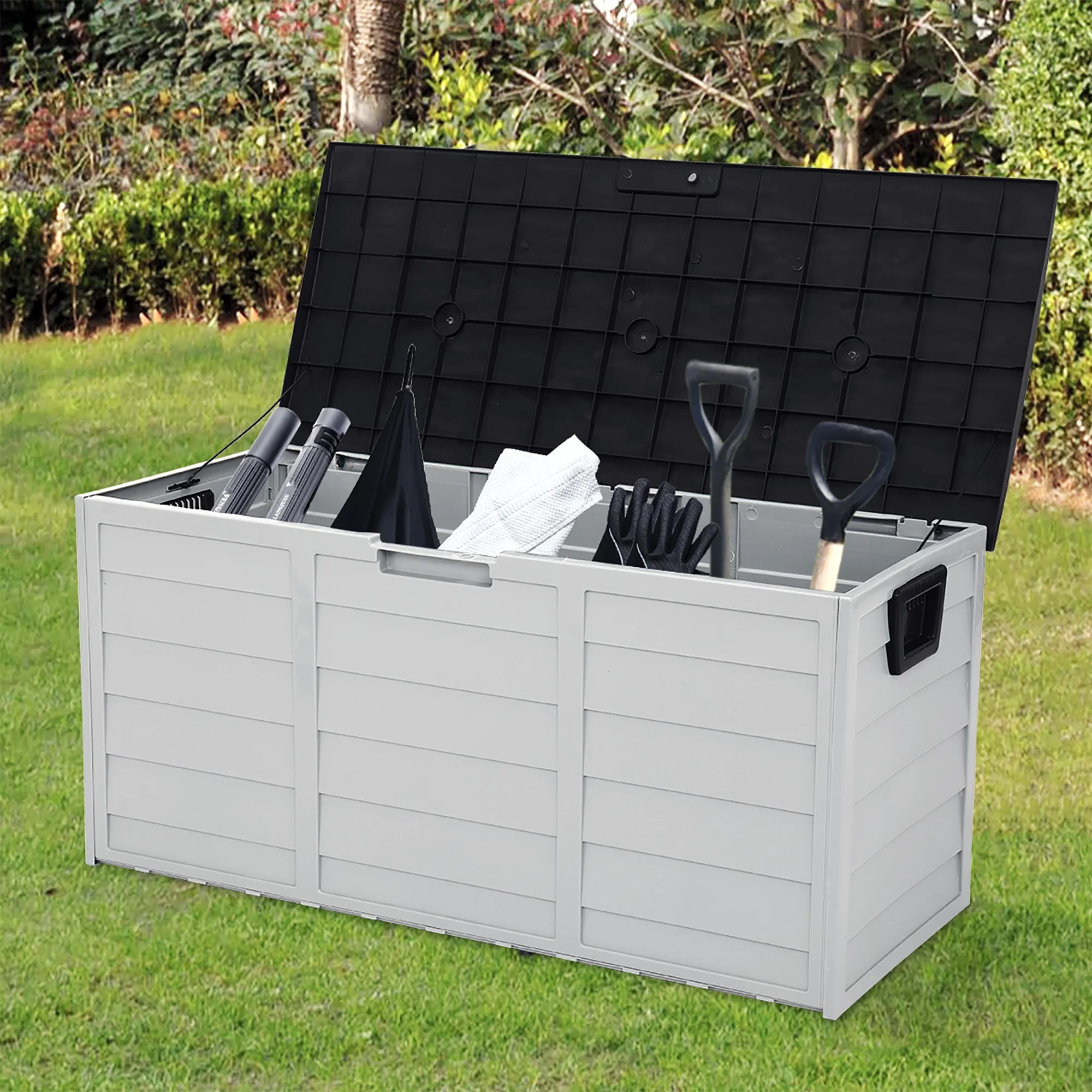 Outdoor Deck Box with Wheels, Large Storage Deck Box for Pool