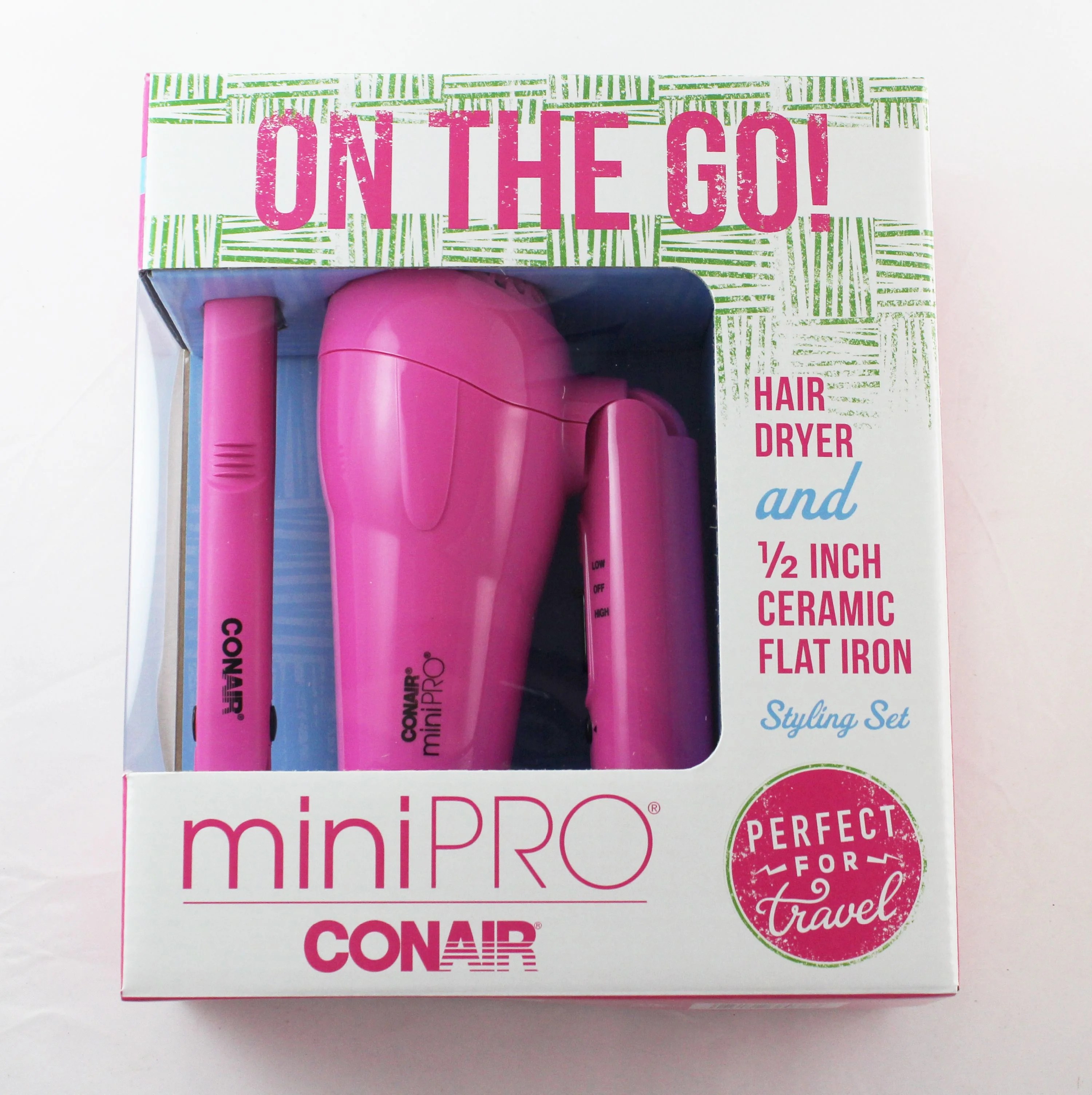Conair Mini Pro On The Go Travel Hair Dryer and 1/2" Inch Ceramic Flat