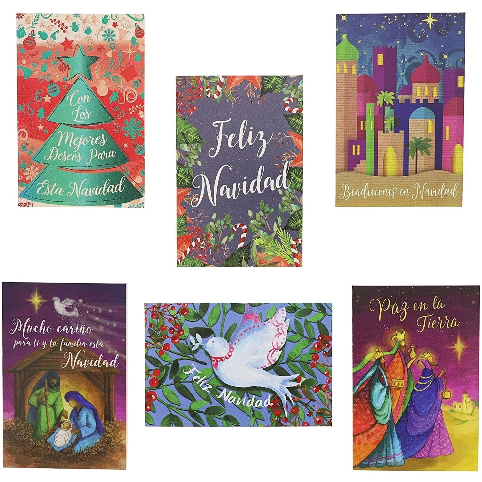 48 Pack (8 of Each) Feliz Navidad Spanish Christmas Cards with