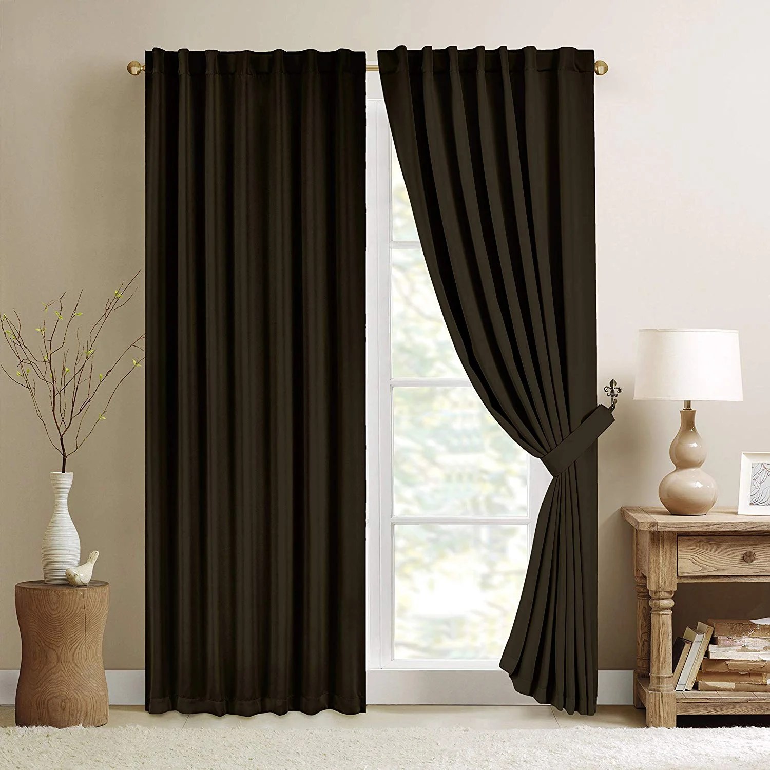 Chezmoi Collection Chocolate Thermal Blackout Back Tab Curtain Set of 2